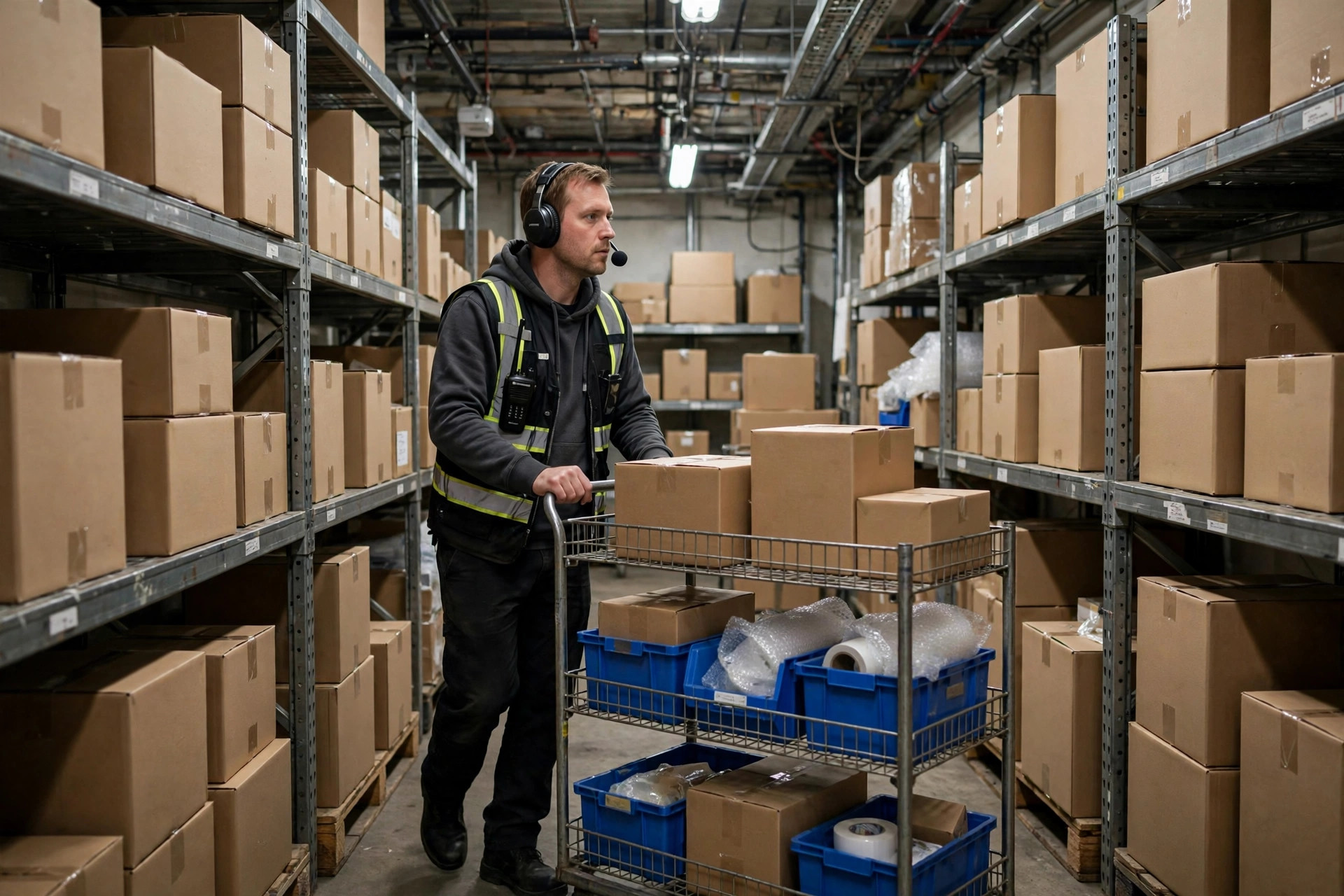 A picker wearing a voice-picking headset pushing an order cart through a small warehouse aisle