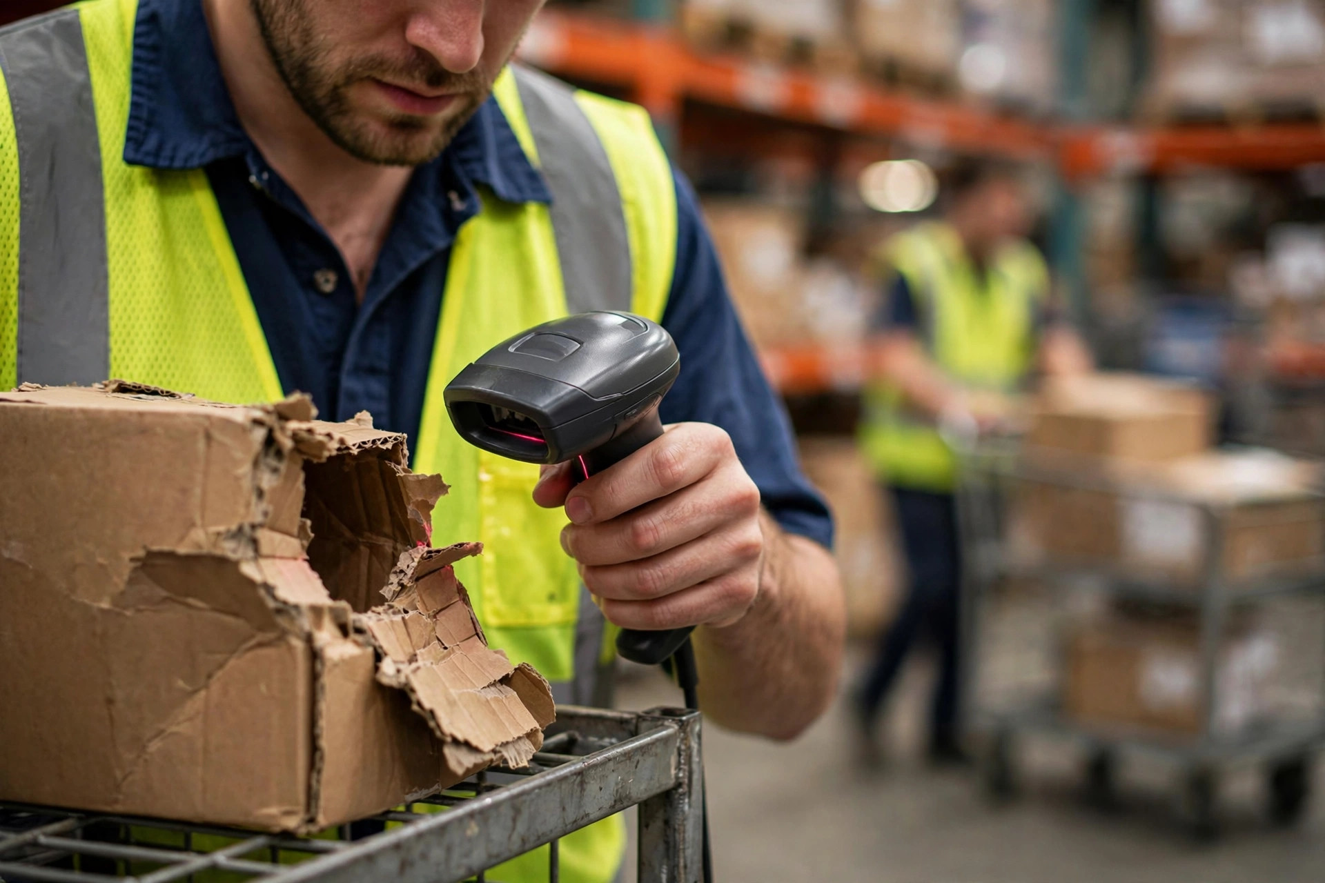 Picker scanning an exception item with a handheld terminal