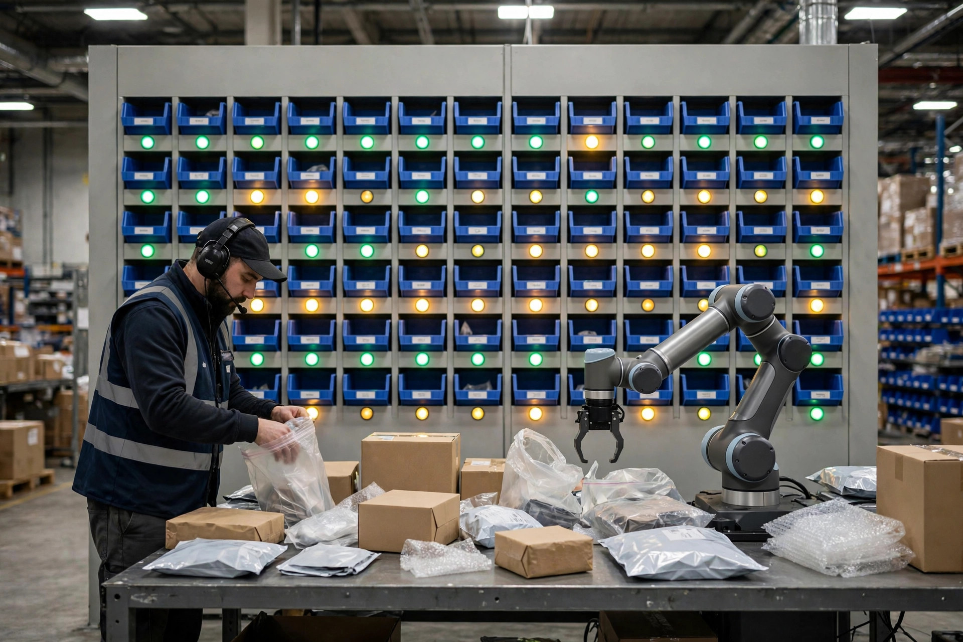 Piece picking station: robotic arm working alongside a human operator