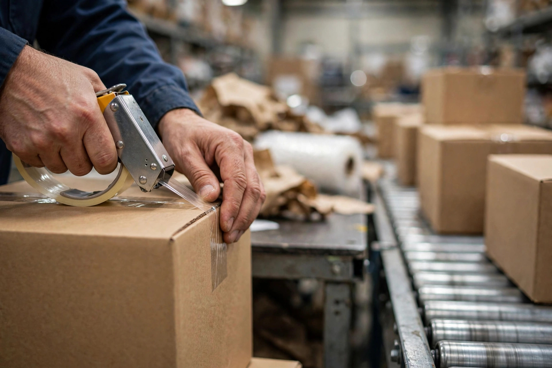Employés de la ligne d'emballage scellant des cartons