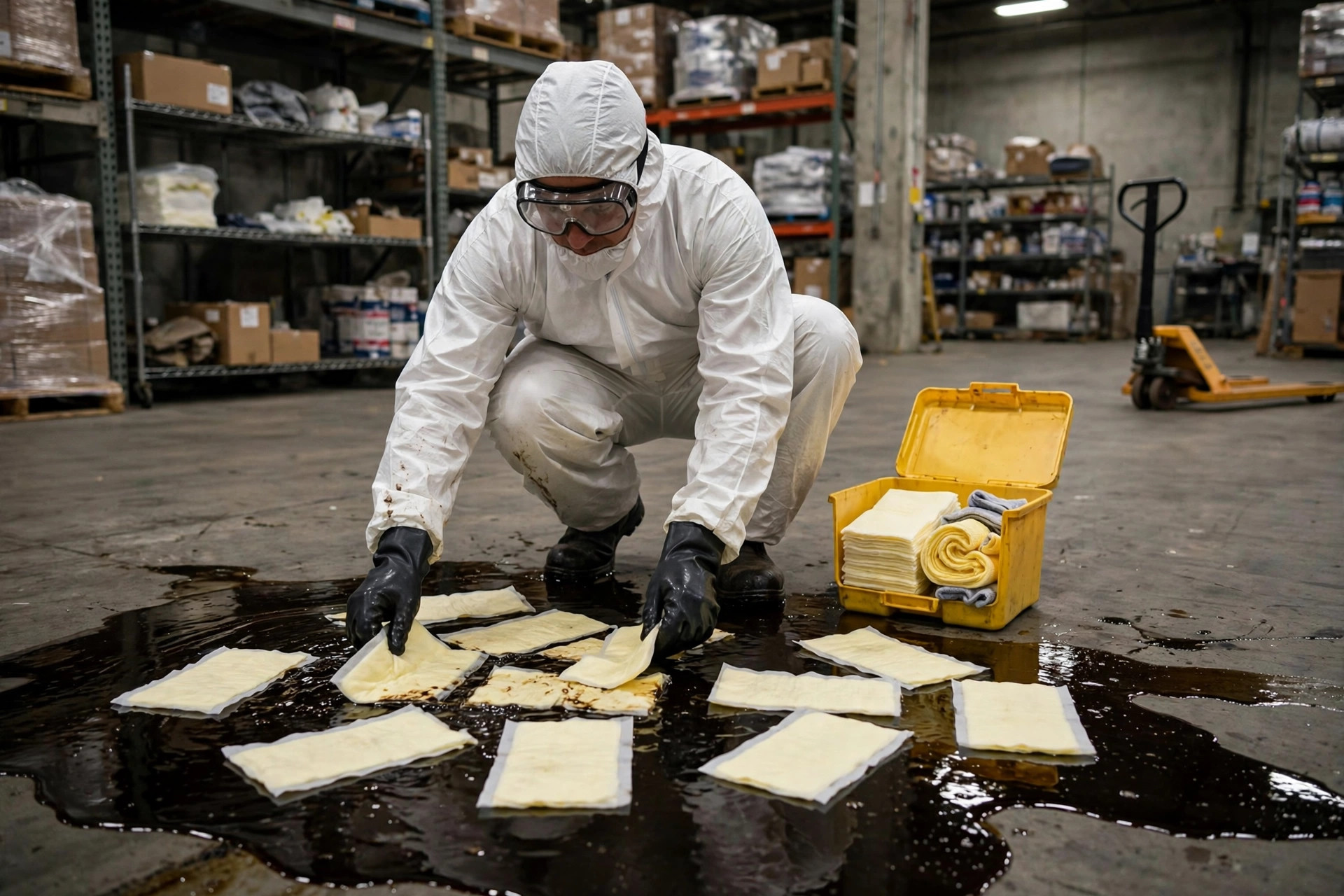 Worker in protective suit cleaning an oil spill on a warehouse floor