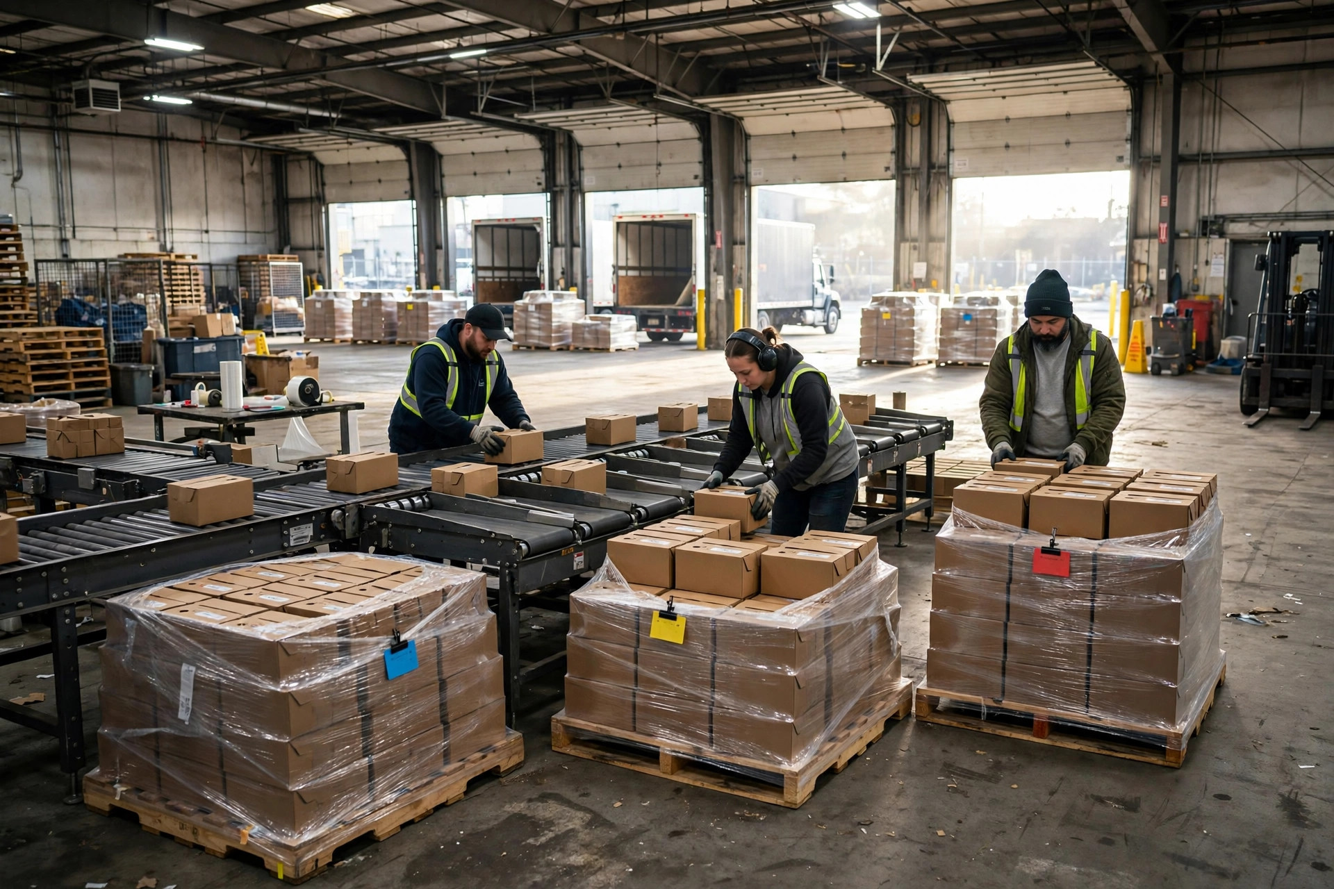 Cross-dock workers sorting cartons onto store-specific pallets before loading delivery trucks