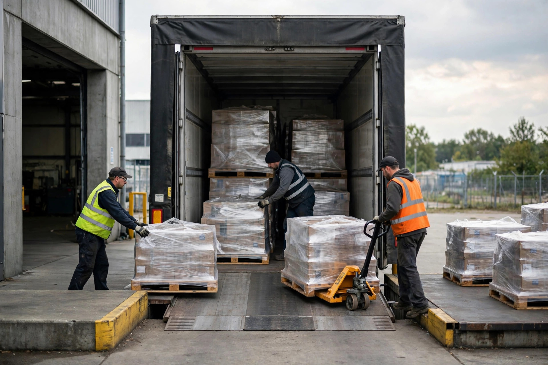 Semi truck backed into a warehouse receiving dock, workers unloading pallets from a container