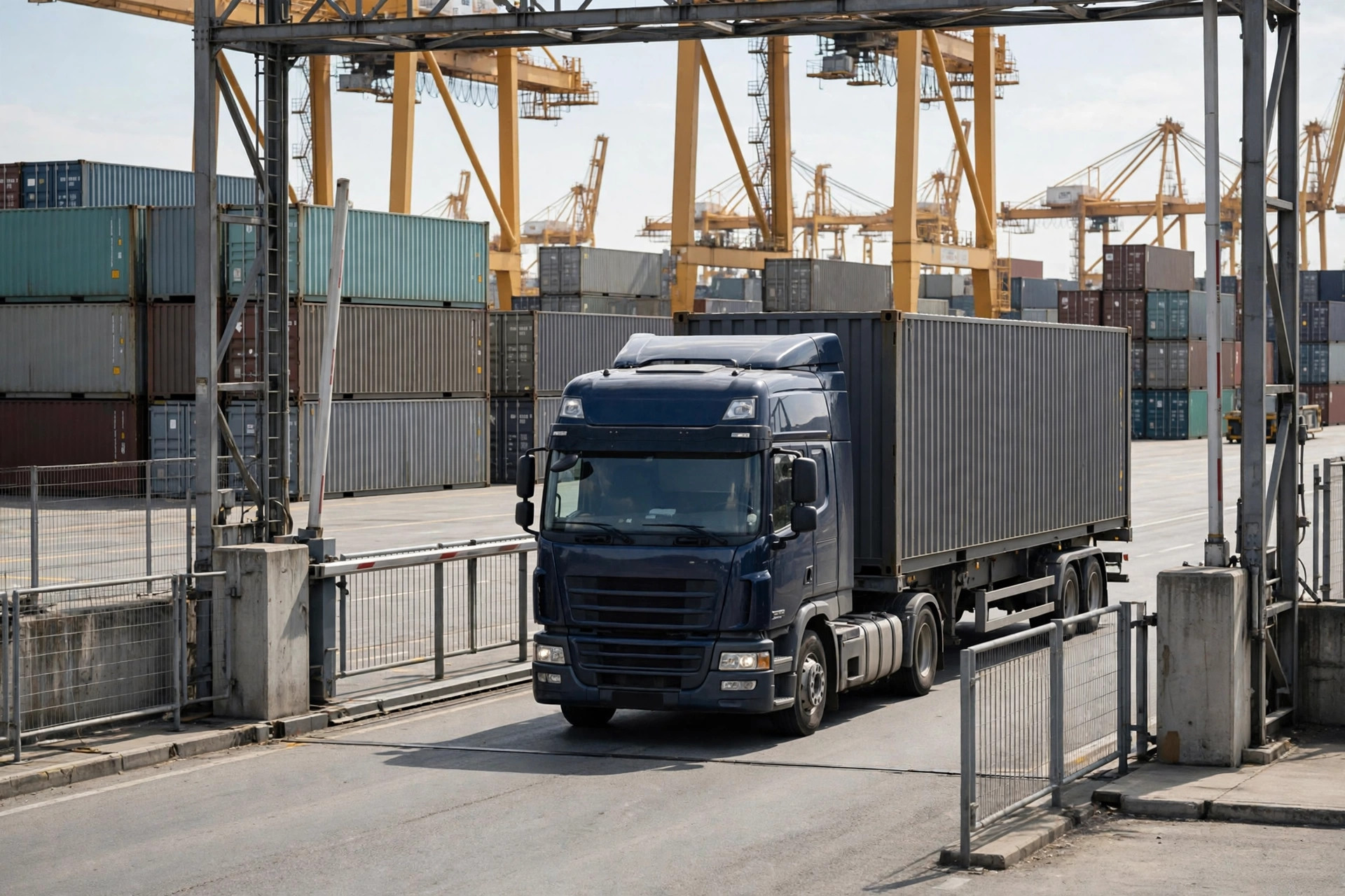 Camions de drayage en file à la porte d'un terminal portuaire