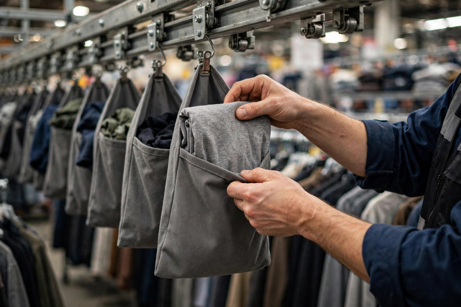 Worker loading folded garments into pouch sorter pouches