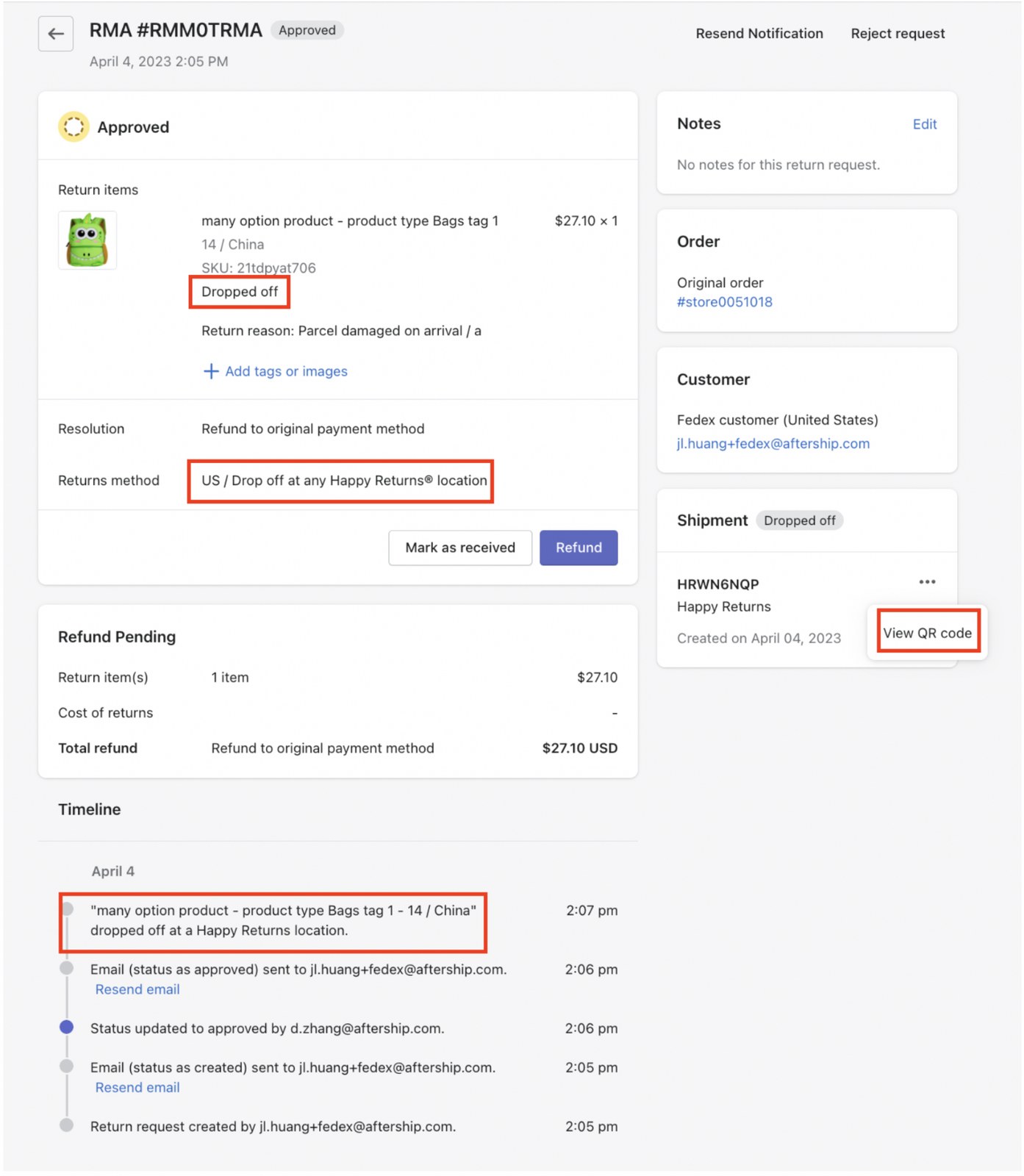 Return portal RMA detail: customer dropping off a return at a Happy Returns location (source: AfterShip Returns Center help docs)