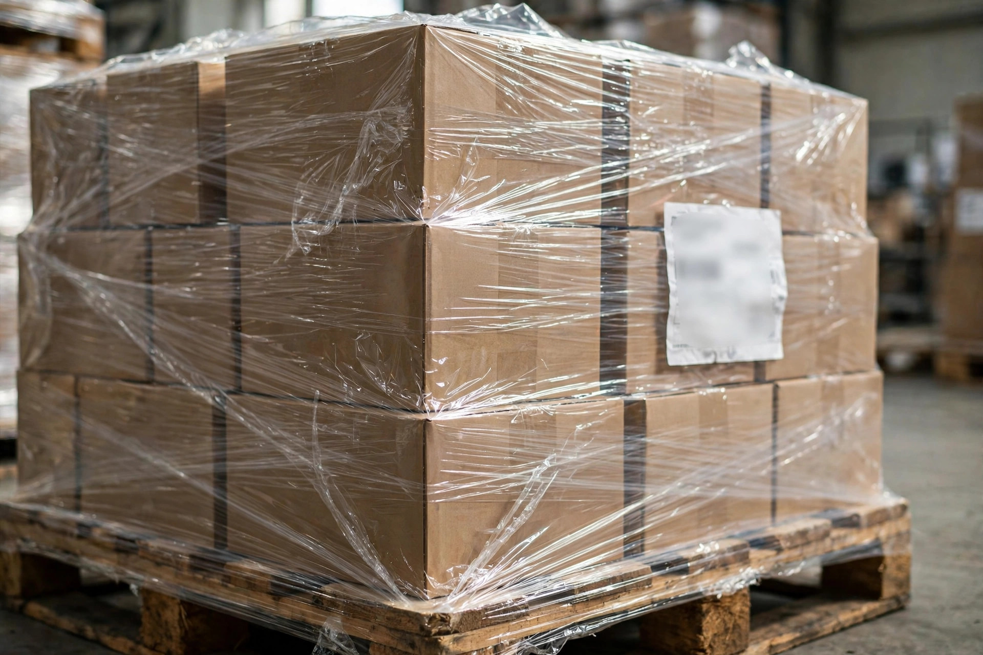 Close-up of a GS1 pallet logistics label on stacked cartons