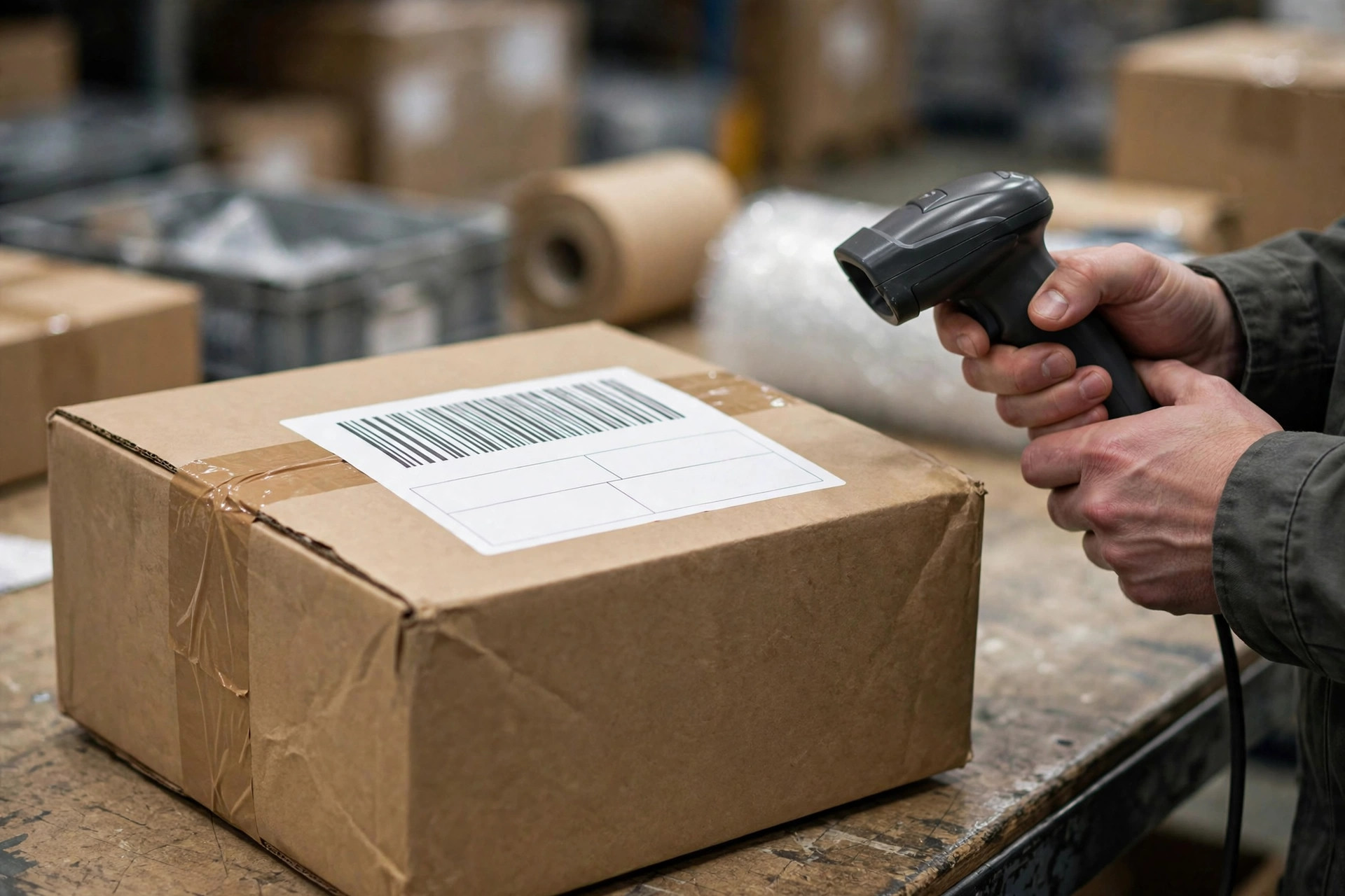 A packer checking a parcel with a masked privacy waybill at a packing station
