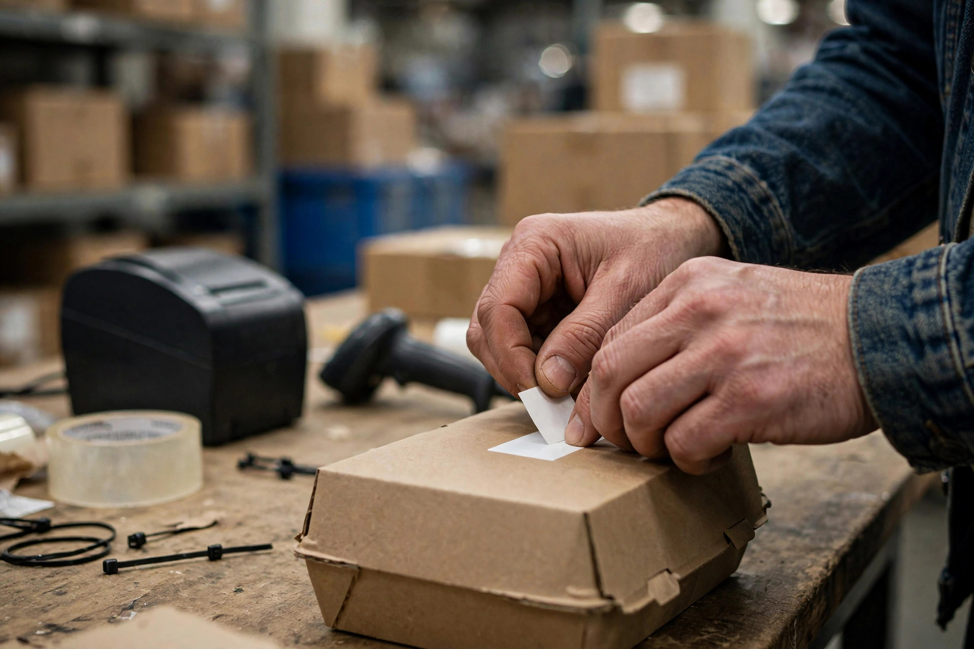 Les mains d'un ouvrier appliquant une étiquette de lot sur un carton alimentaire à un poste d'emballage