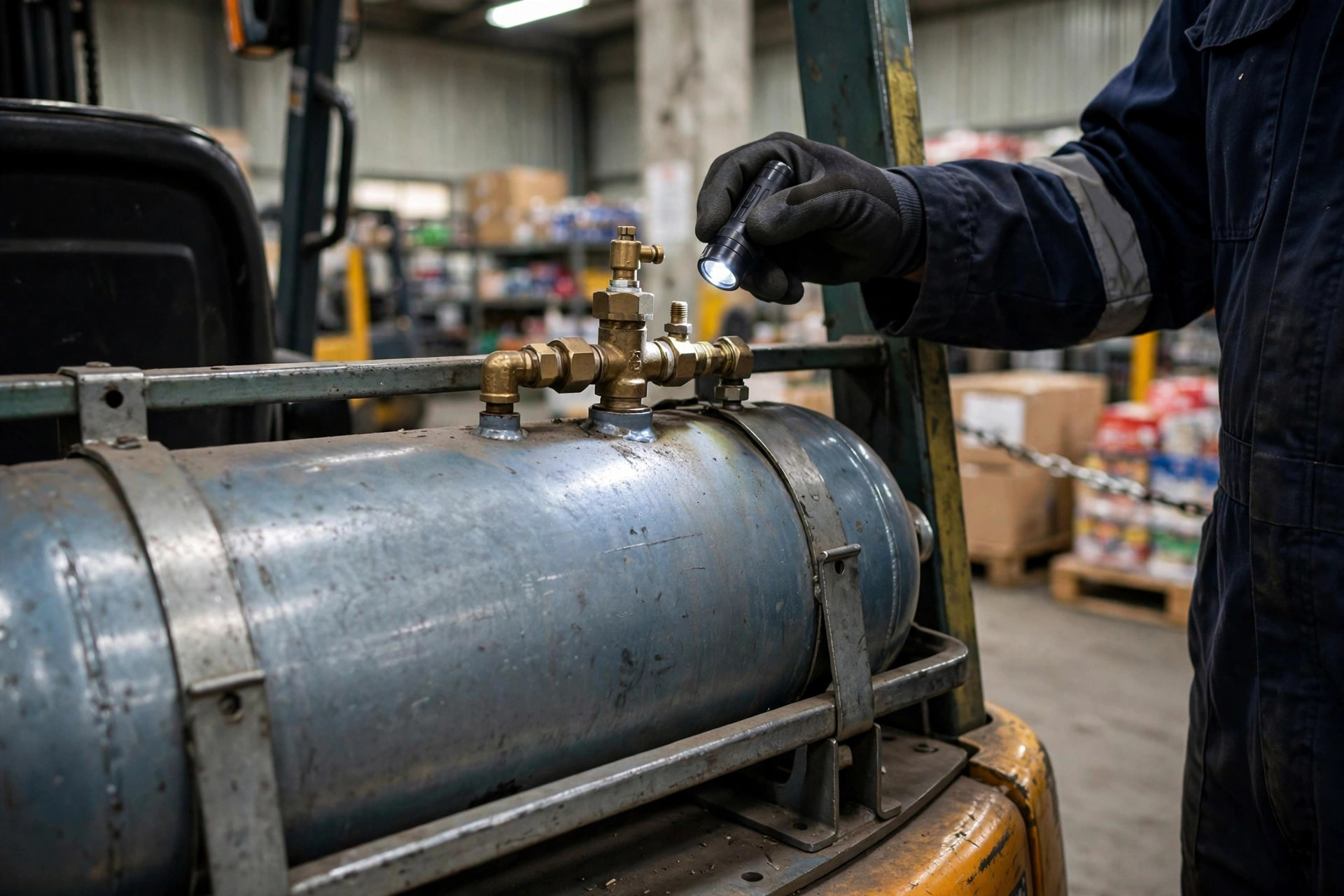 Close-up inspection of a forklift propane cylinder valve
