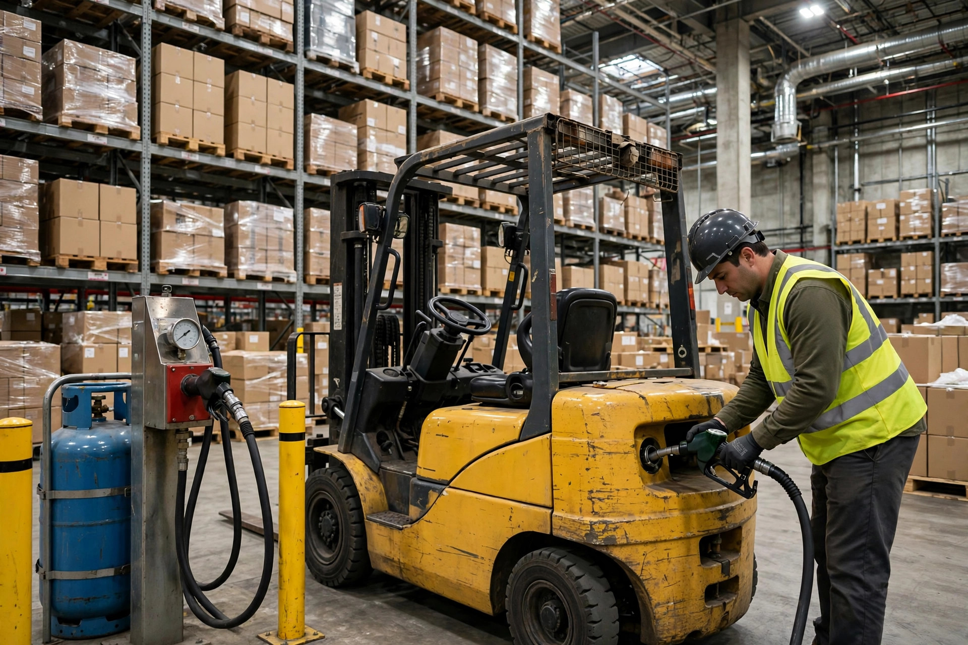 Worker swapping a propane cylinder on a forklift in a warehouse yard