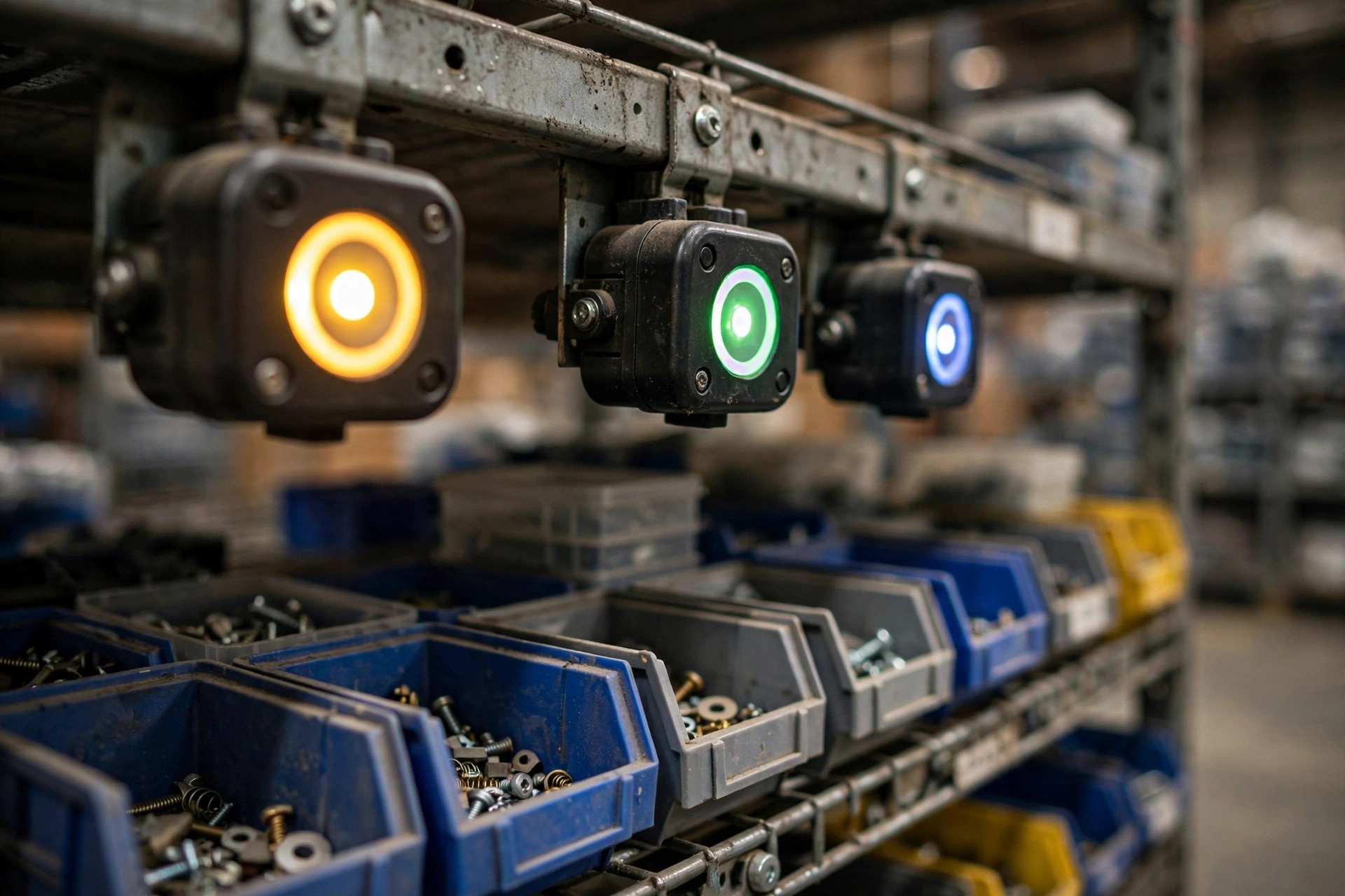 Close-up of pick-to-light shelving