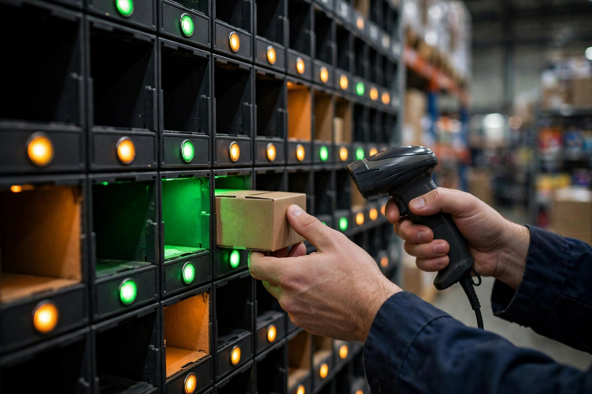 Close-up of put-to-light modules: an operator scans an item and puts it into a lit cubby