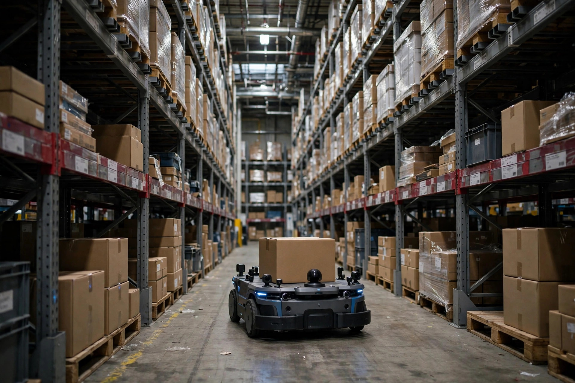 An AMR operating in a warehouse aisle