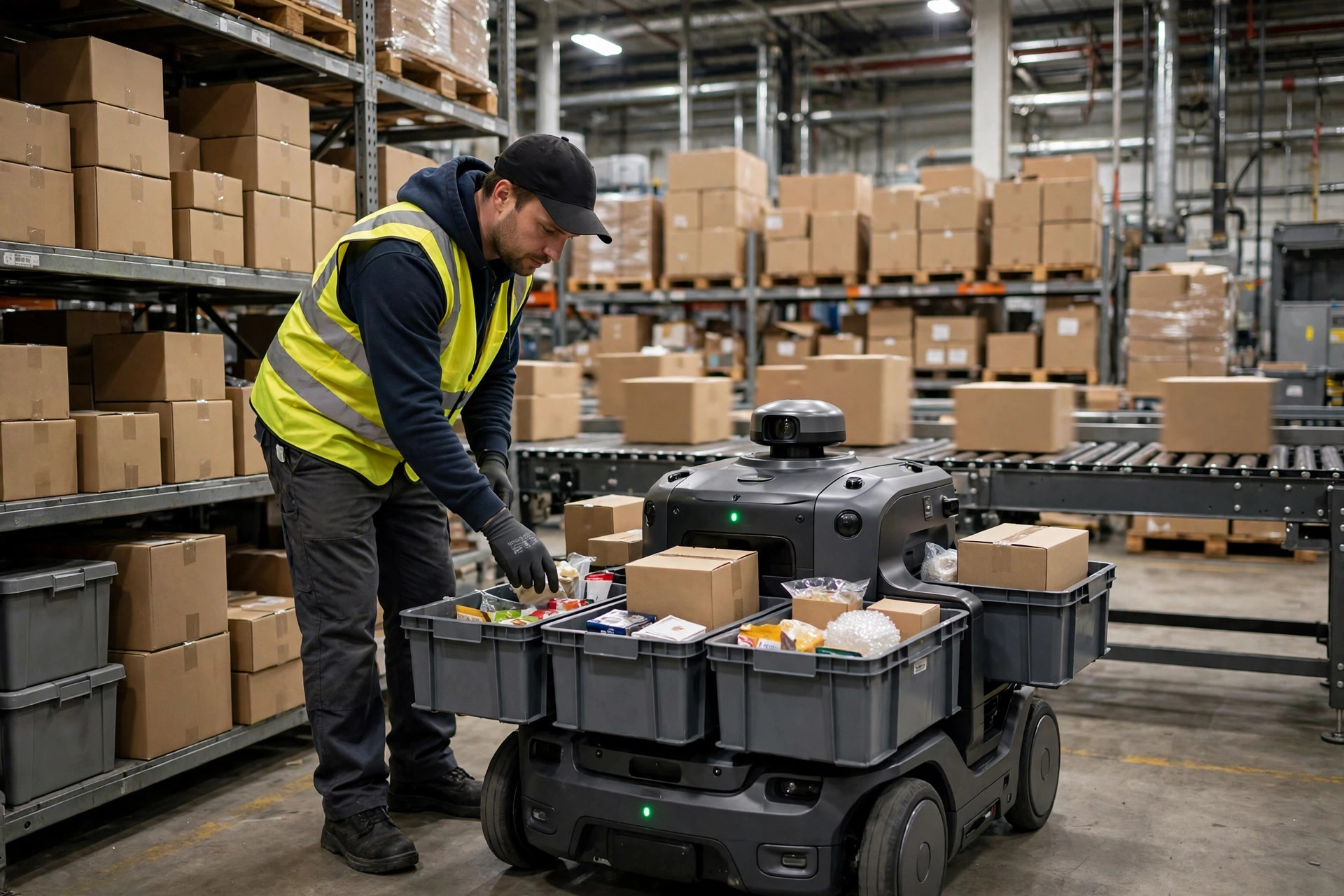 AMRs realizando operaciones de picking en un almacén