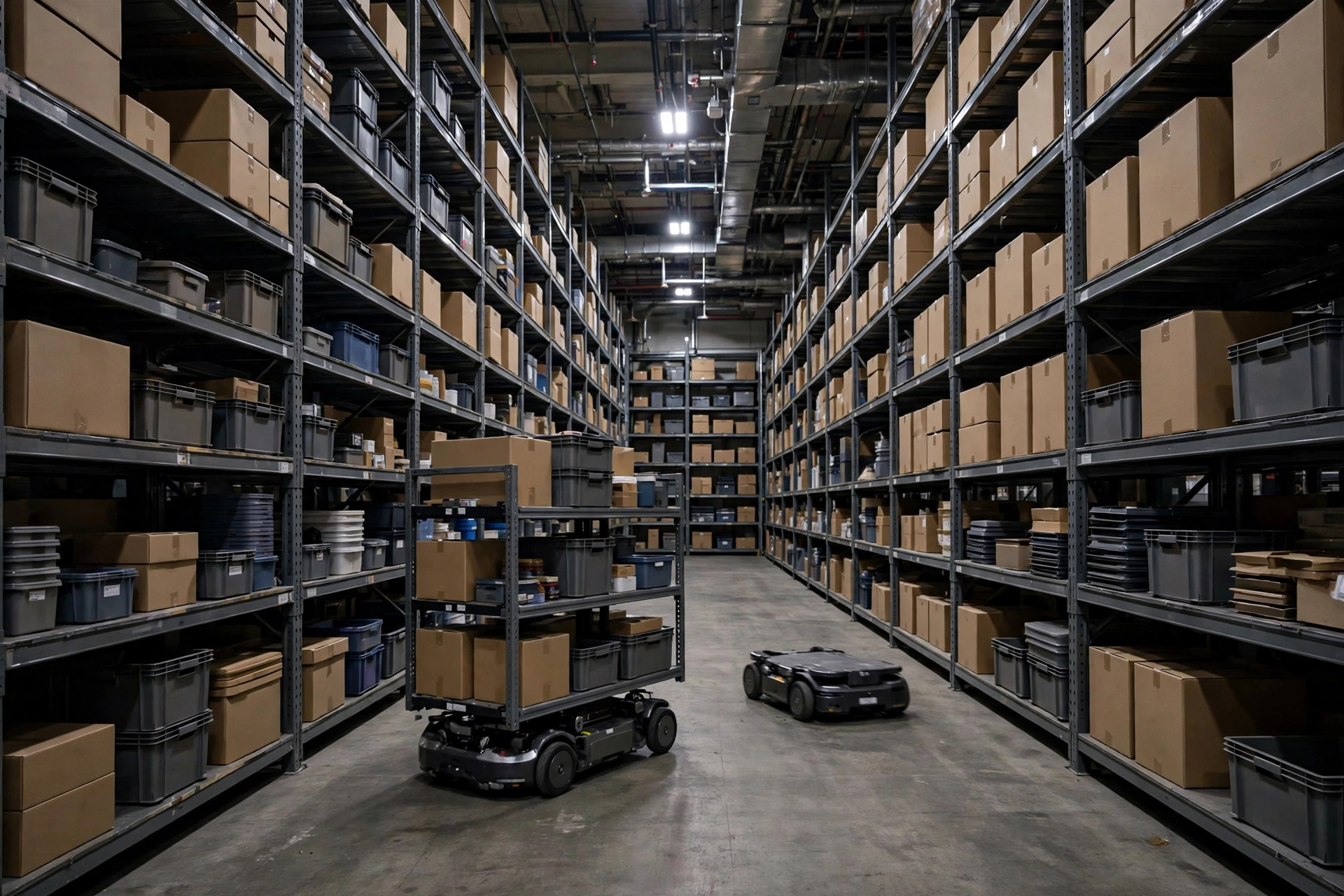 Multiple AMR robots coordinating in a warehouse aisle without piling up