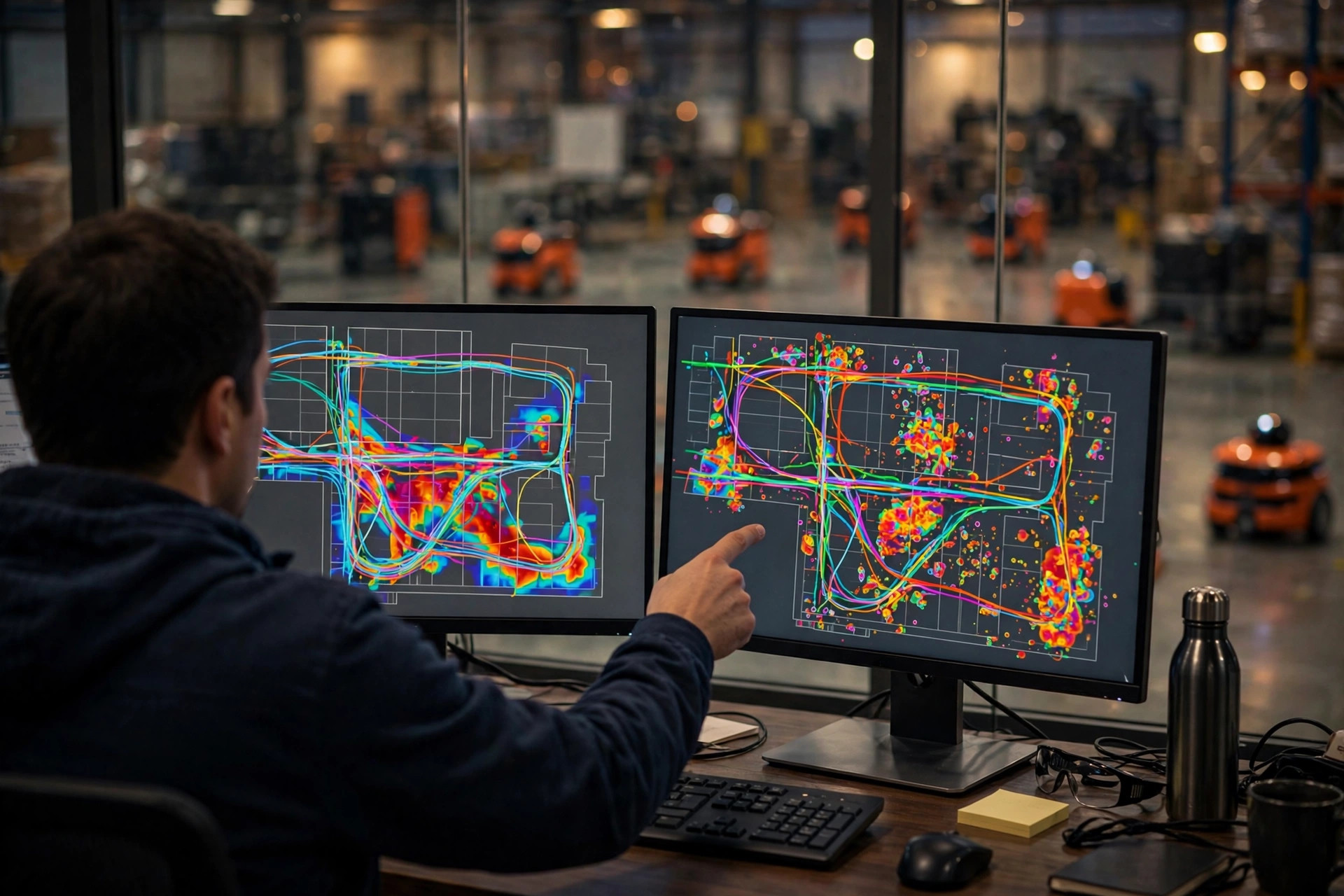 Engineer analyzing congestion heatmaps on a fleet scheduling dashboard