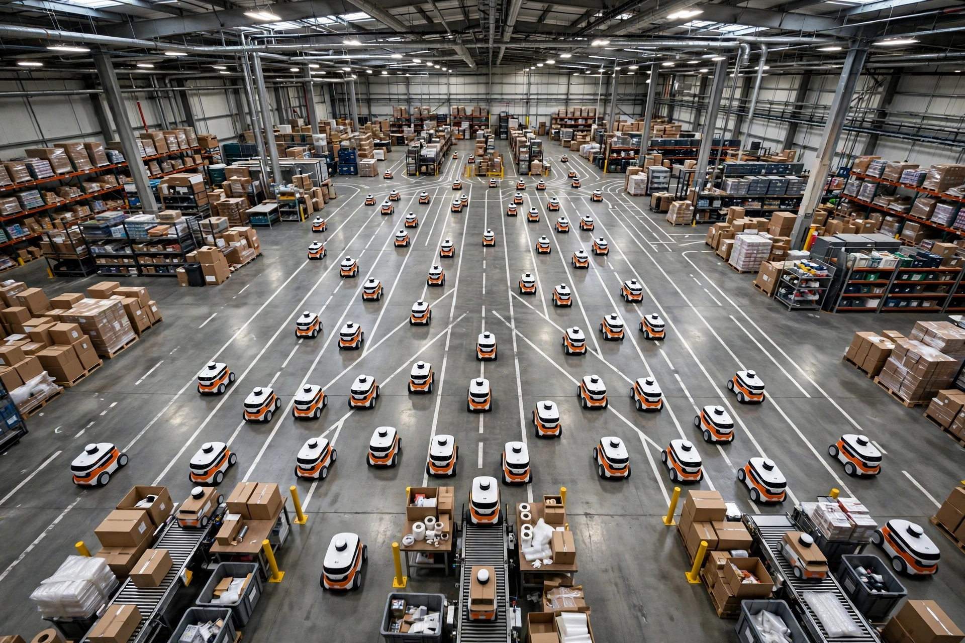 Overhead view of an AMR fleet traveling along planned routes on a warehouse floor