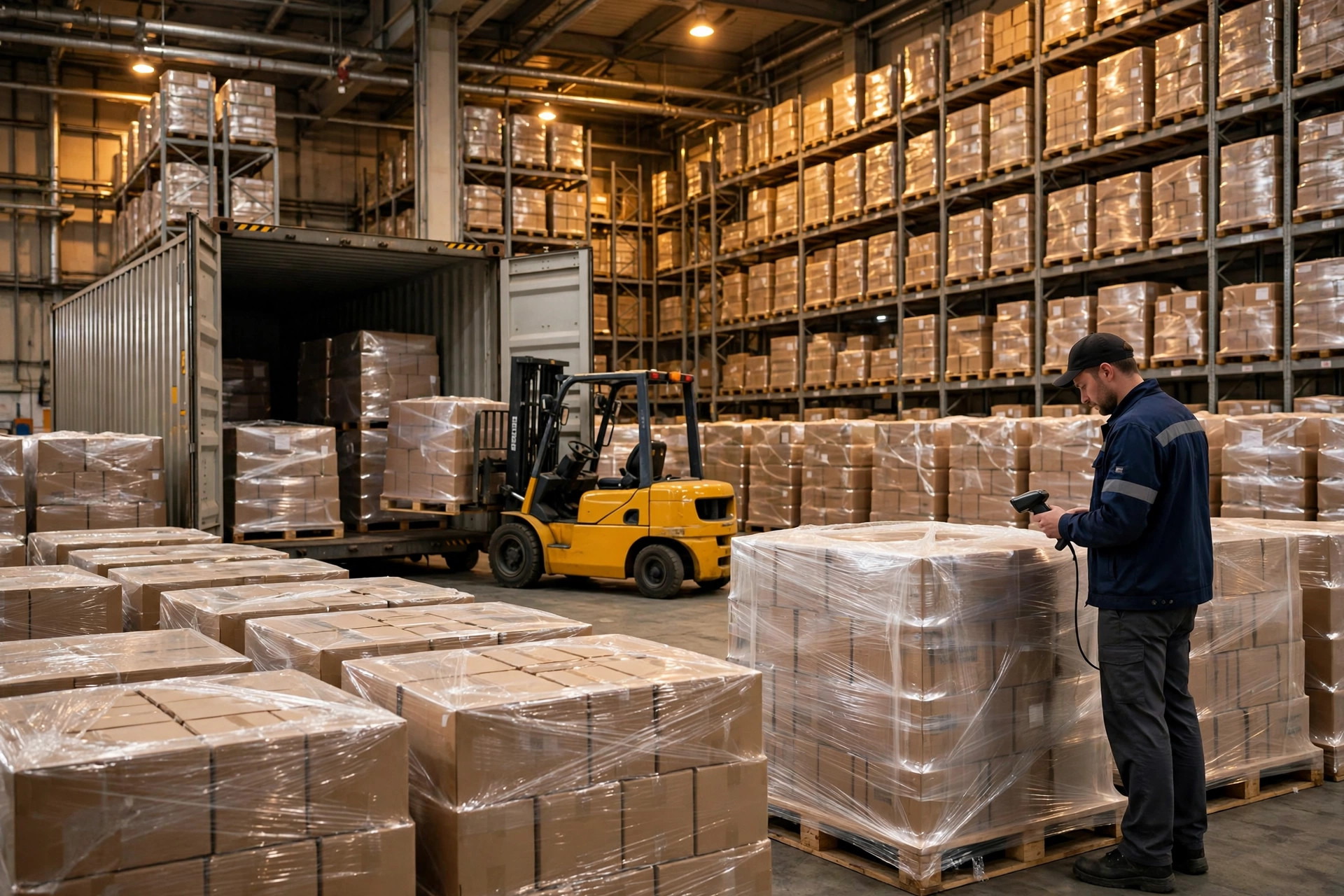 Palletized export cargo staged inside an Ontario warehouse, awaiting container loading