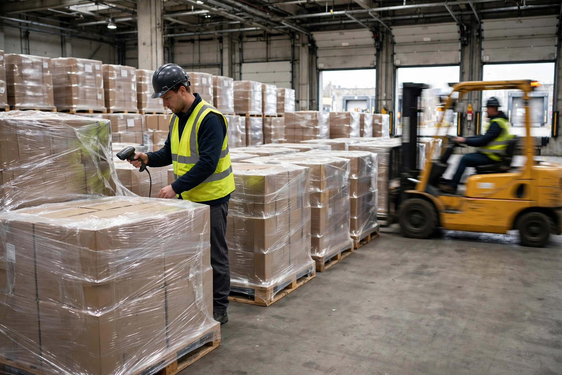 Un trabajador escaneando códigos de barras de pallets en un área de staging de recepción