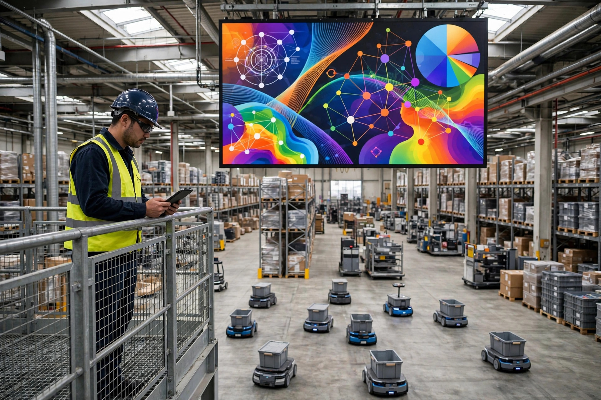 AMR fleet collaborating under an AI scheduling dashboard