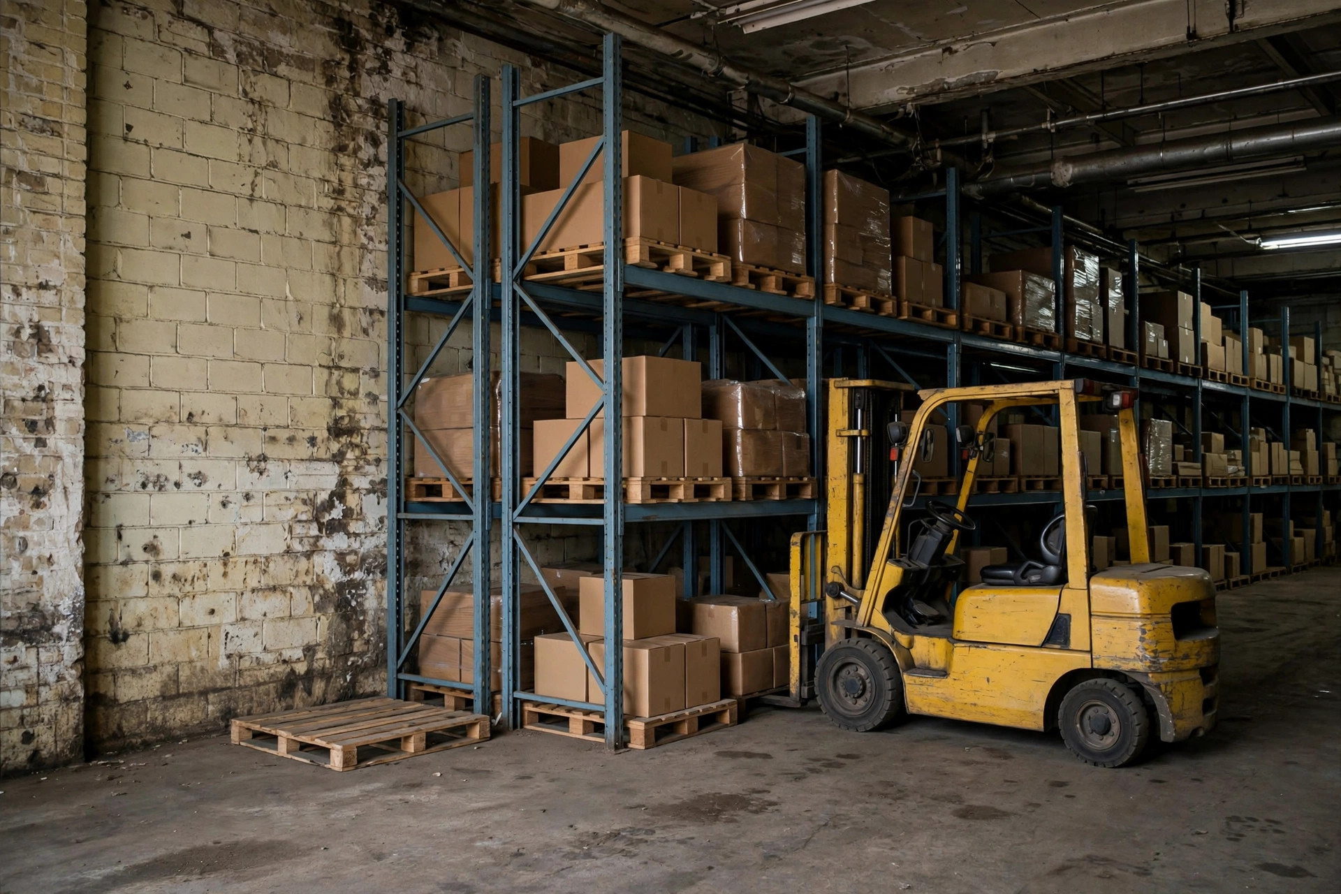 Older conventional warehouse with standard pallet racking and a forklift
