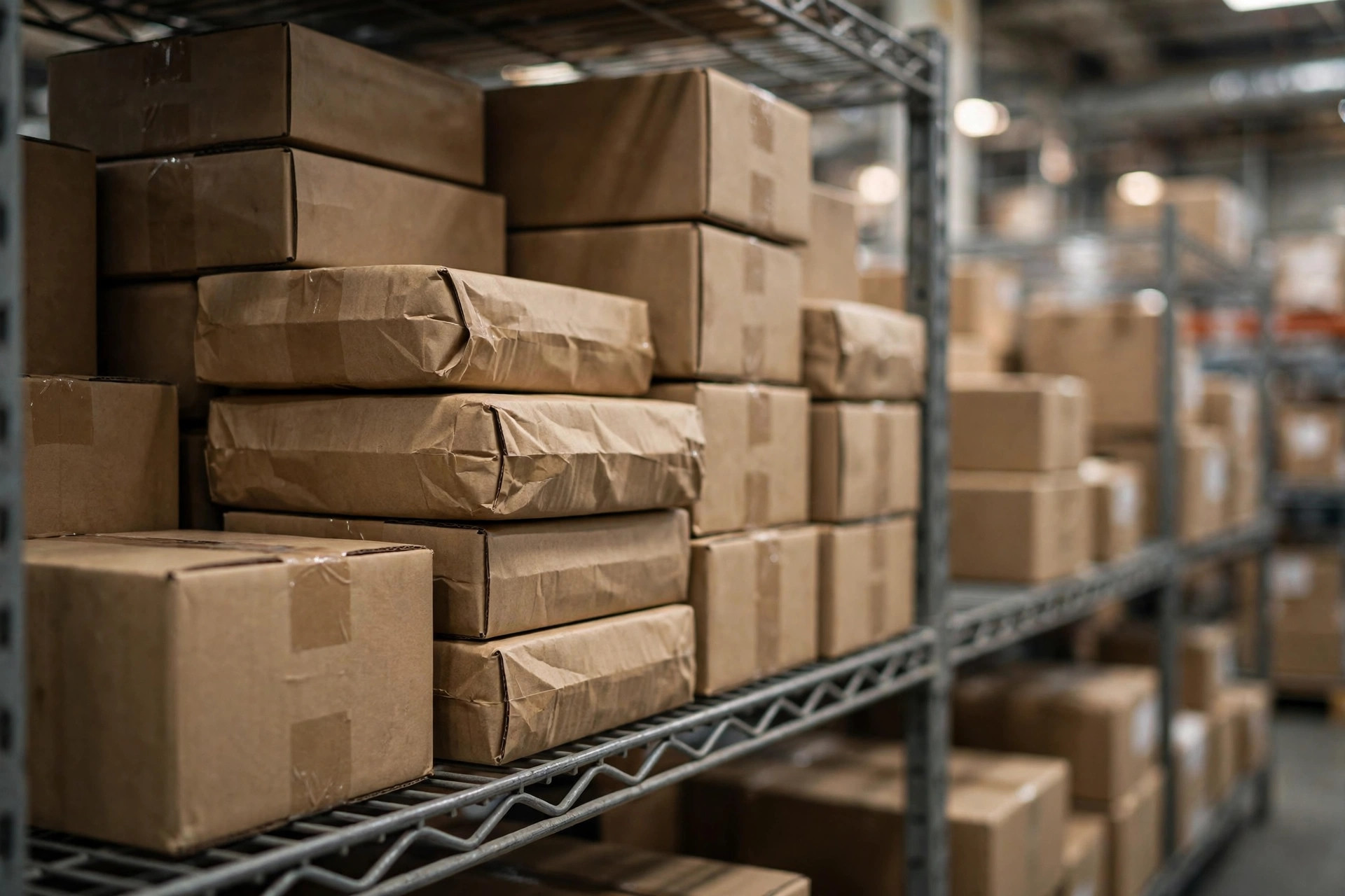Primer plano de paquetes de devolucion en espera de inspeccion en estantes de almacen