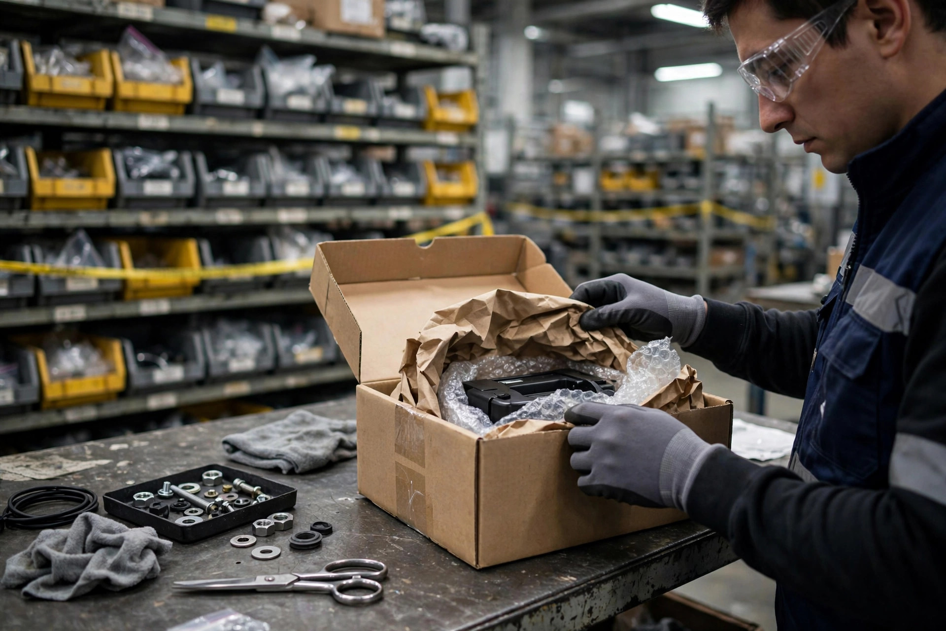 Returns QC hold area with physically separated pass, repair, and scrap zones and color-coded labels