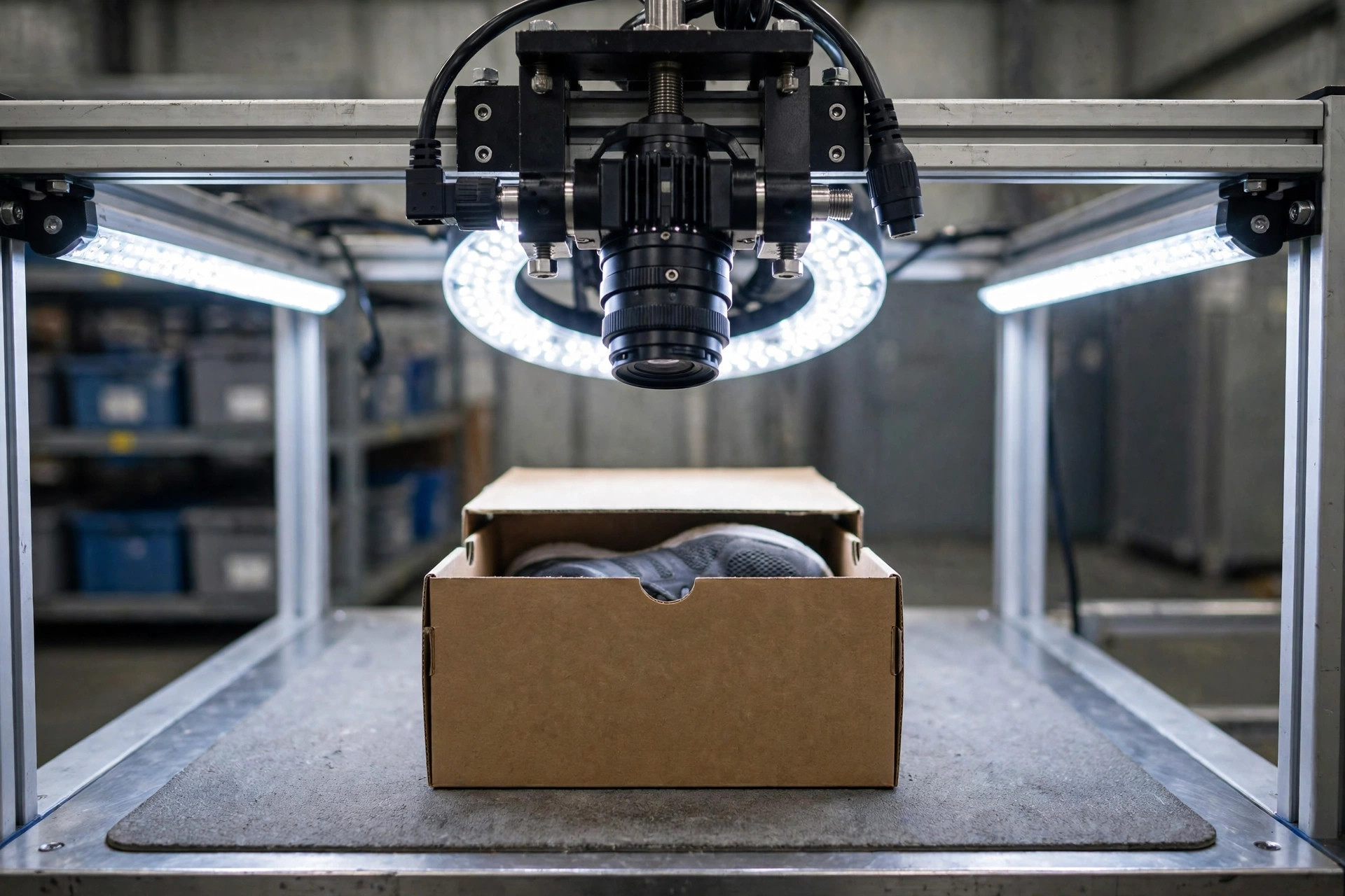 Caméra de vision industrielle inspectant un produit retourné à un poste de retours d'entrepôt