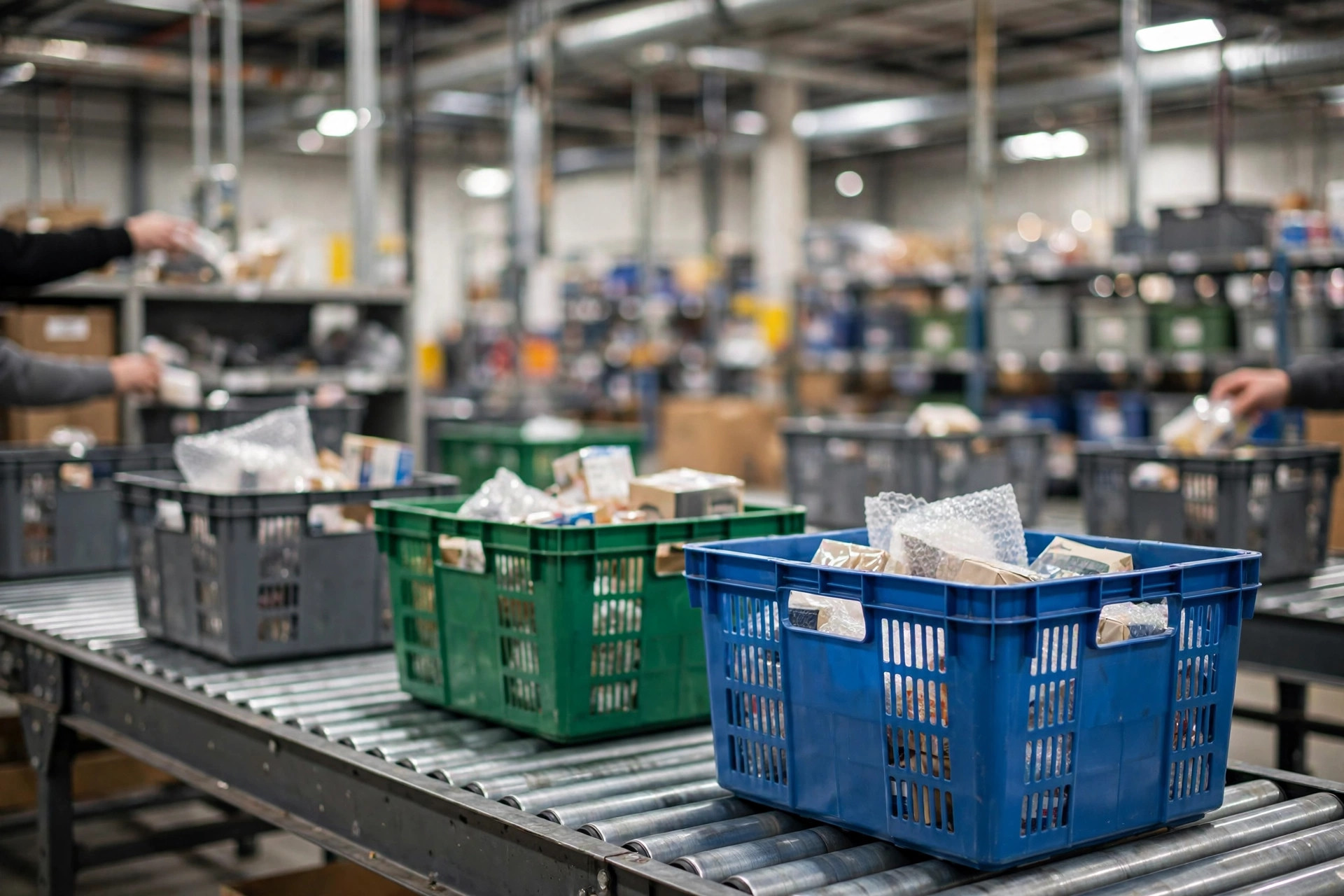 Reusable totes moving on a conveyor in a picking area