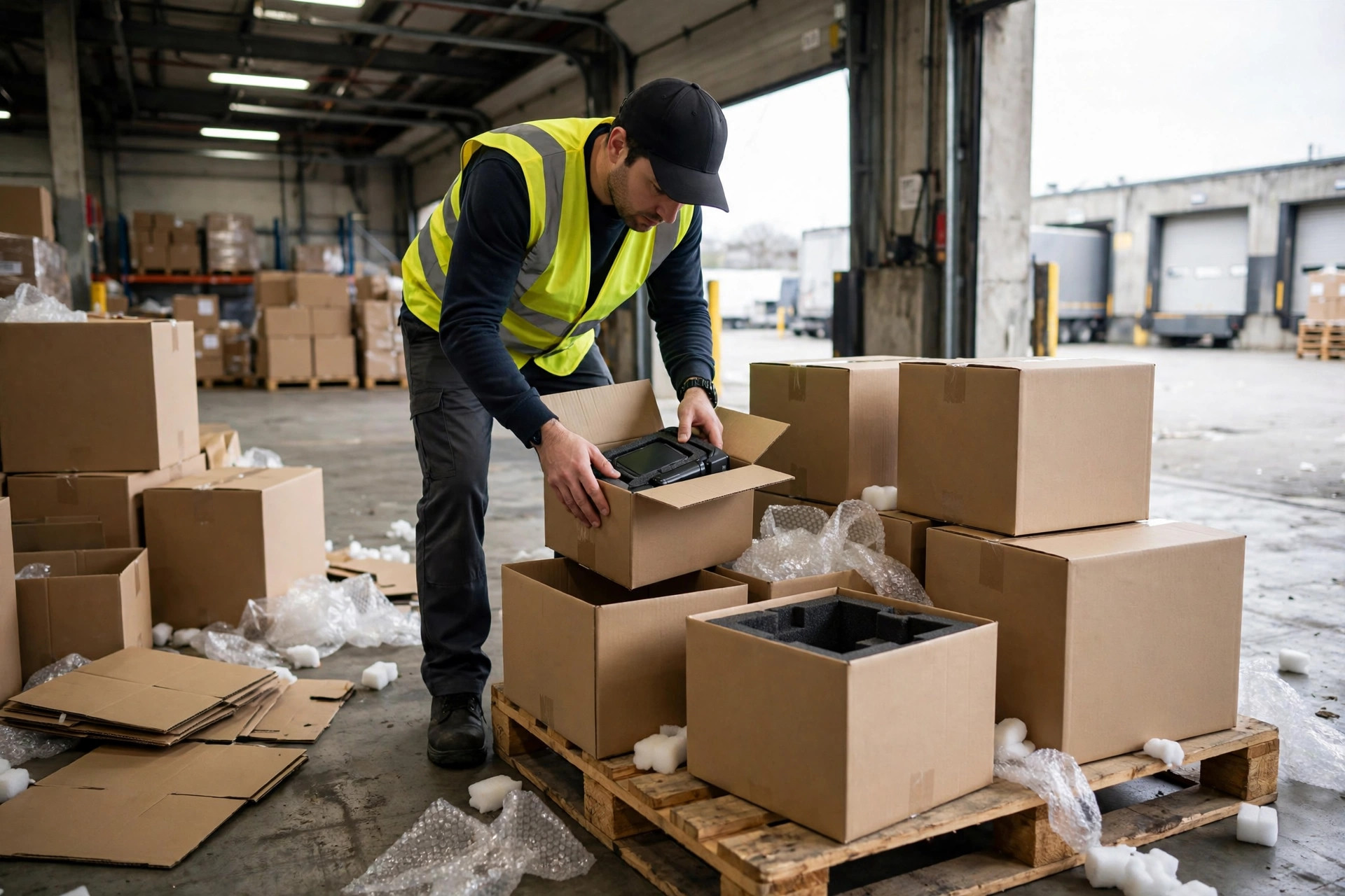 A worker at a warehouse dock quickly inspecting a returned product