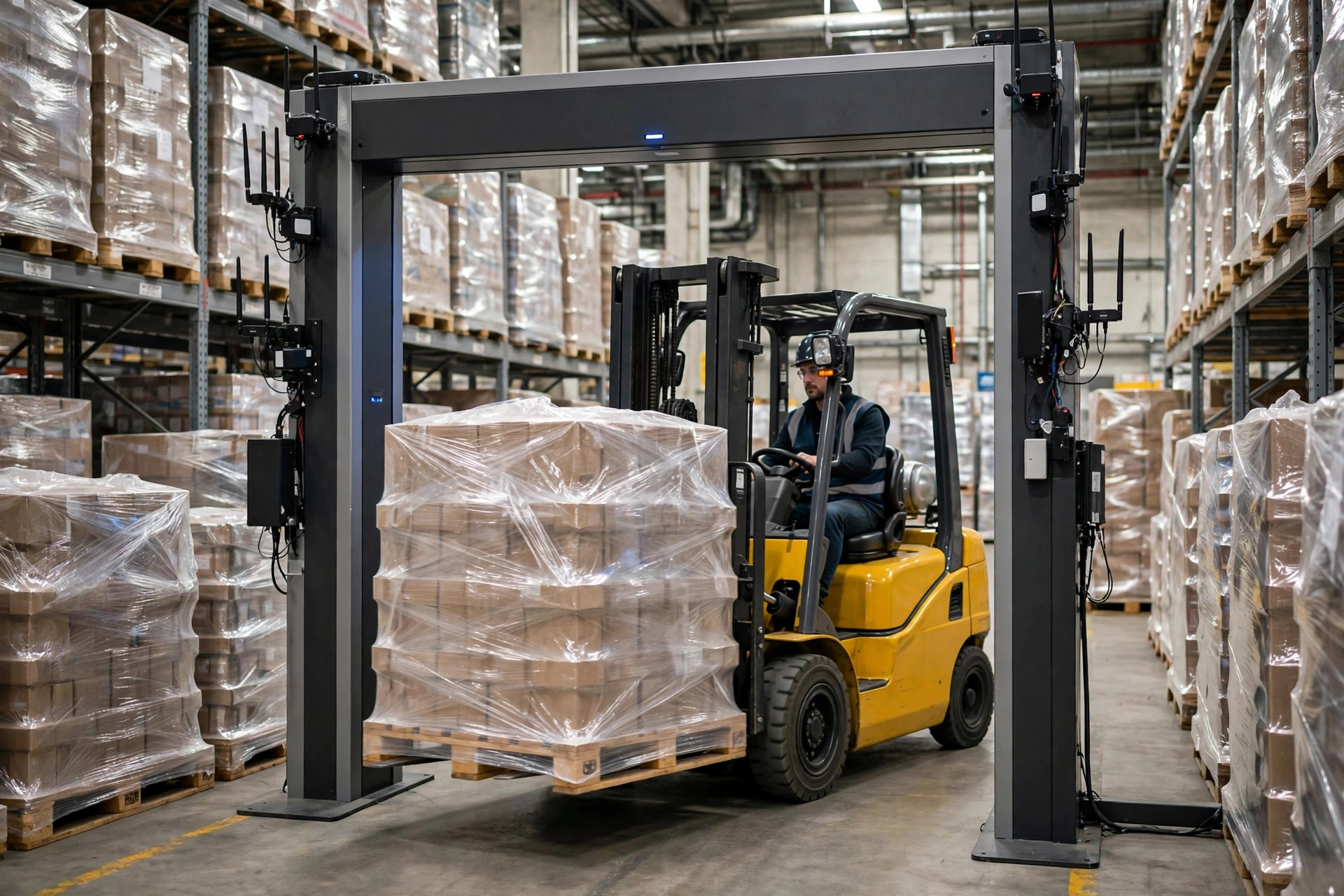 A full pallet of goods passing through an RFID portal gate reader in a warehouse aisle
