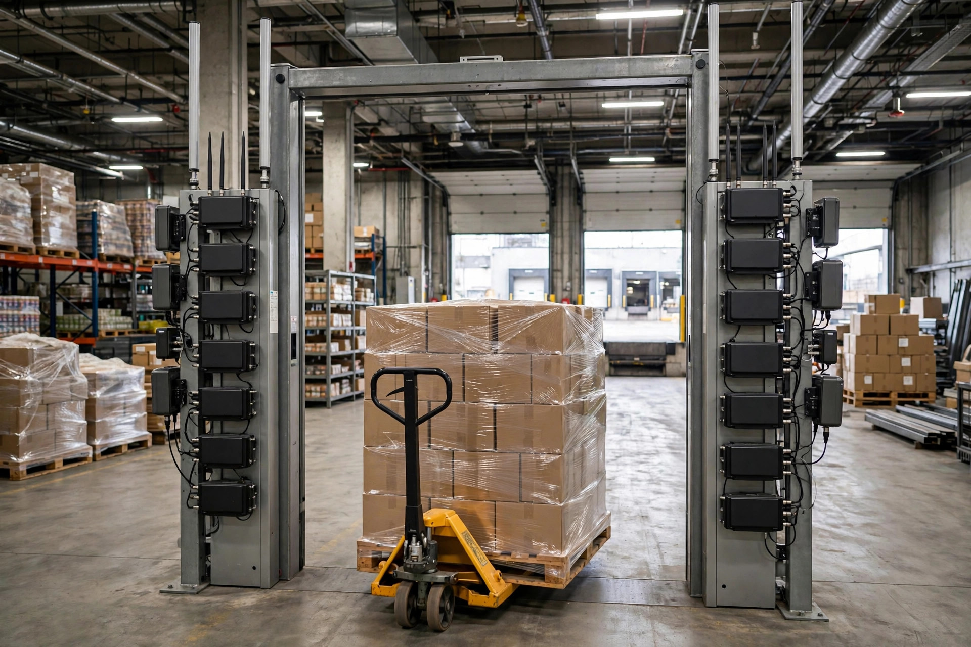 An RFID portal gate at a warehouse dock reading a passing pallet in bulk