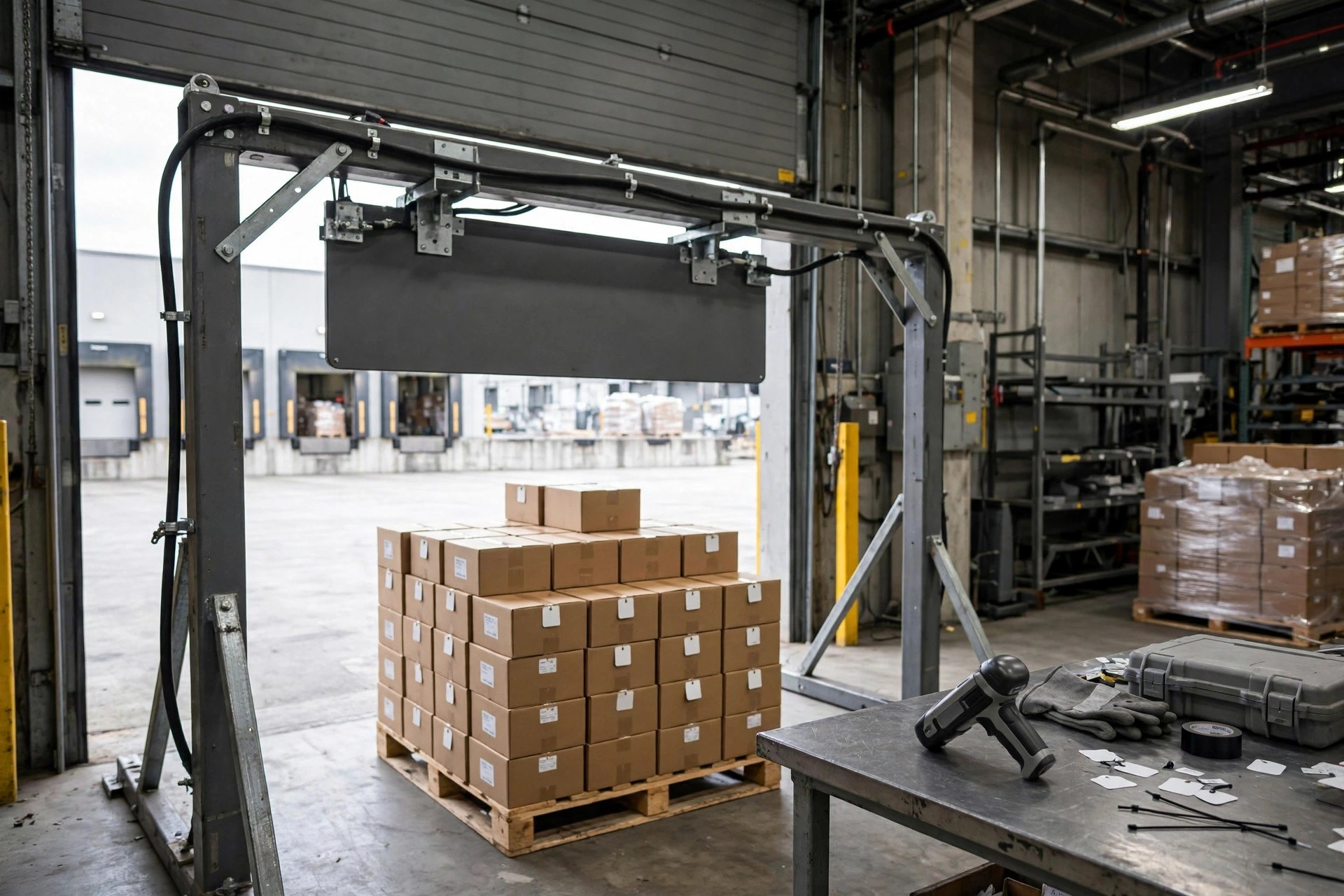 RFID portal reader with tagged pallets at a receiving dock