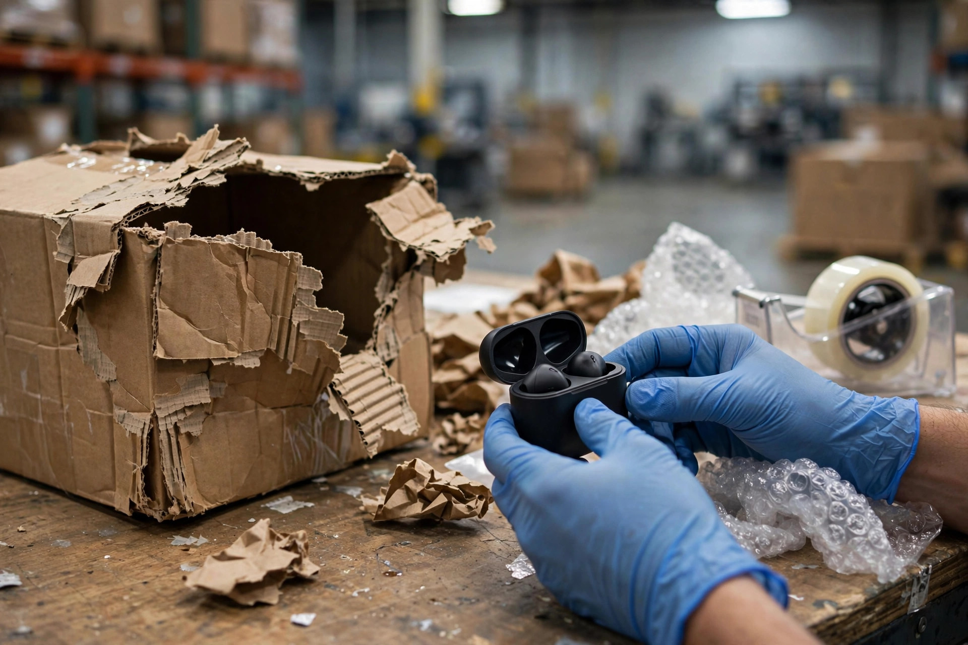 Un inspecteur qualité d'entrepôt examinant un carton endommagé et des marchandises retournées à une station d'emballage