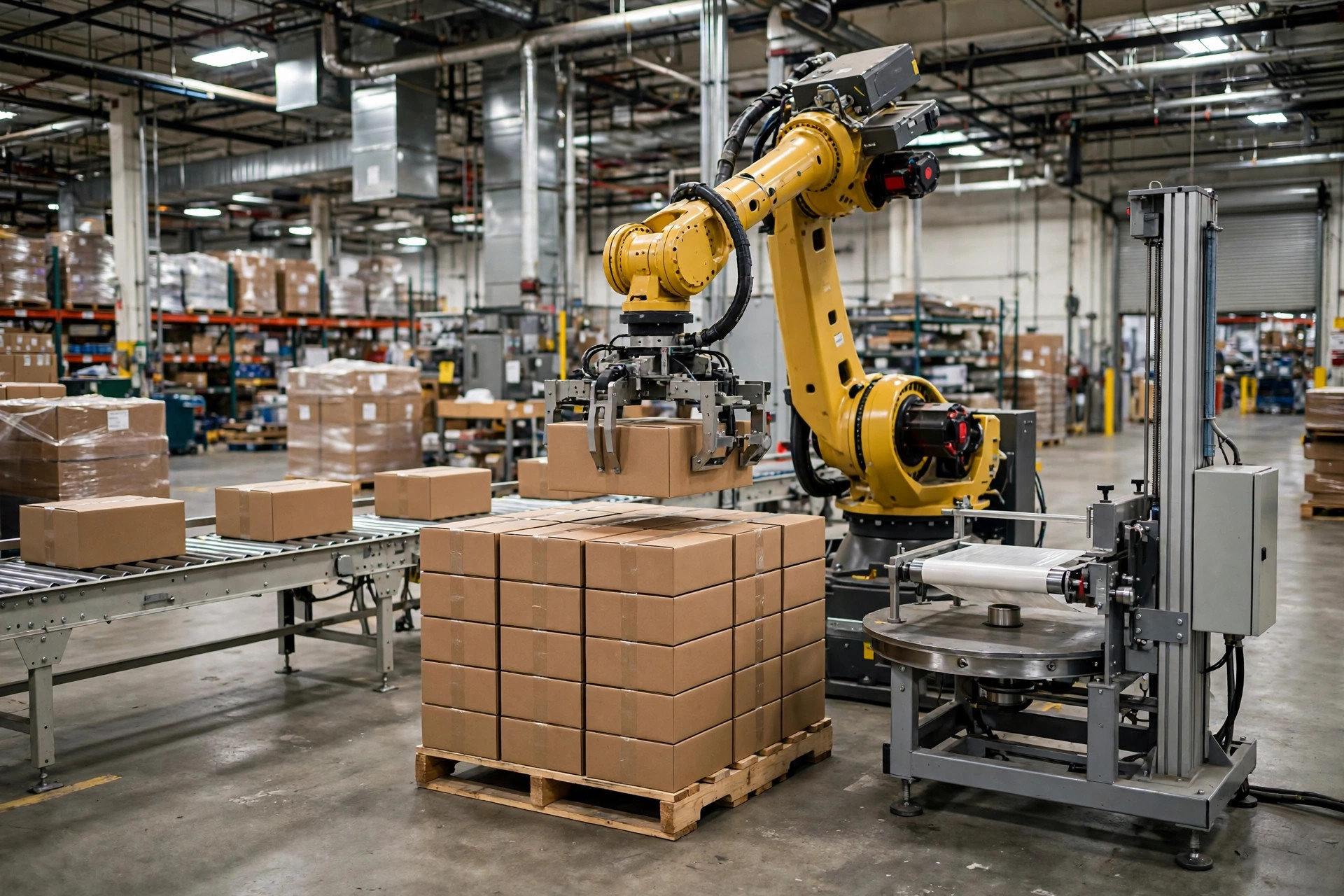 Robot palettiseur jaune empilant des caisses en carton sur une palette dans un entrepôt