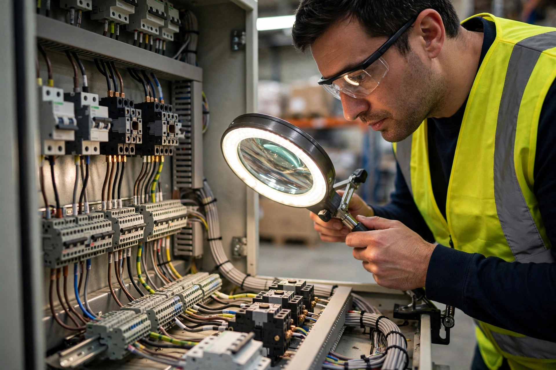 Engineer inspecting the inside of a conveyor control cabinet