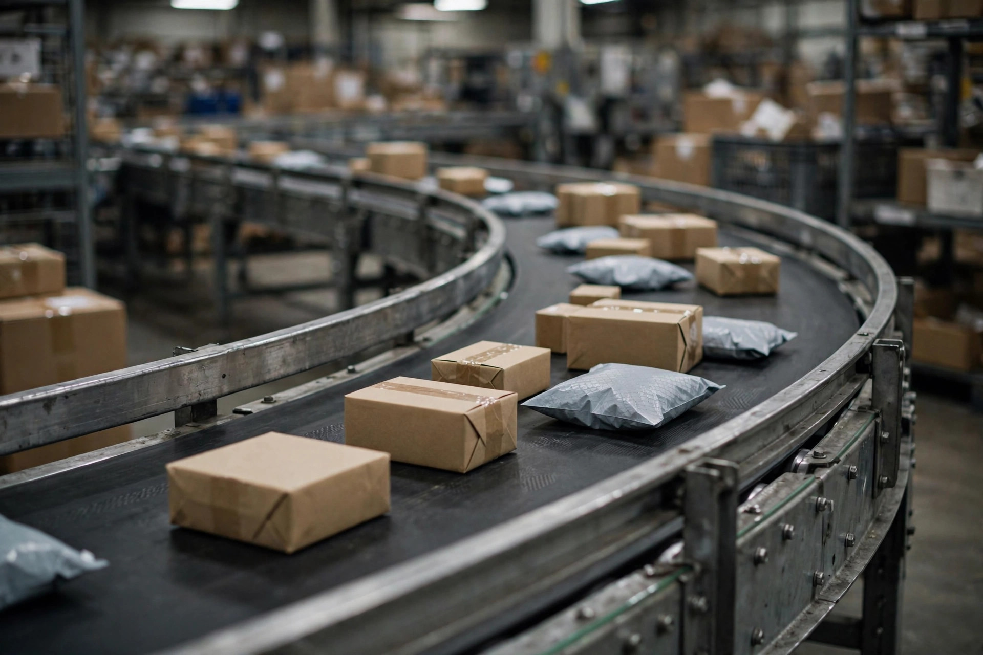 Belt conveyor curving with small parcels in a fulfillment warehouse
