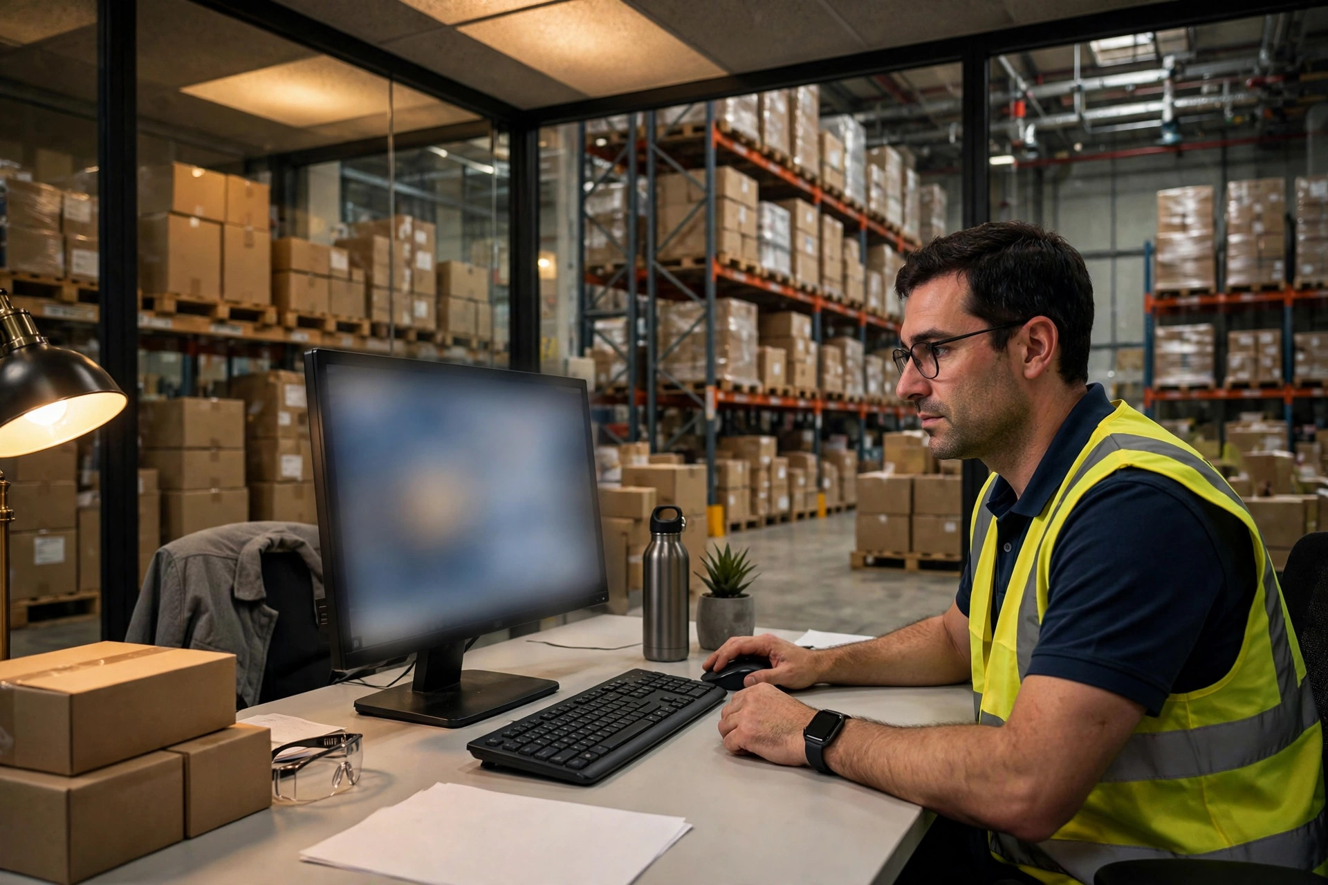 A warehouse manager reviewing inventory data on a computer screen