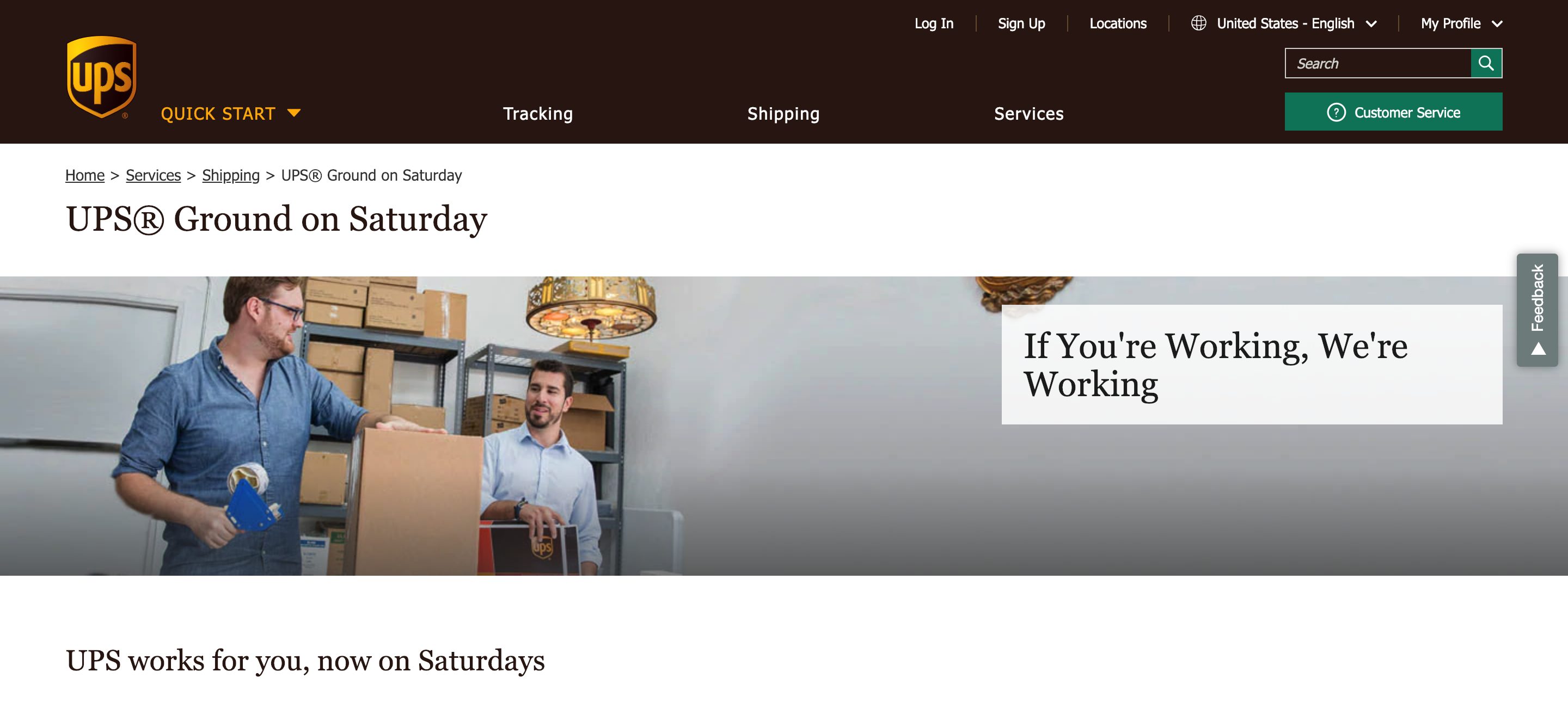Screenshot of UPS's official page explaining its Saturday Ground delivery options
