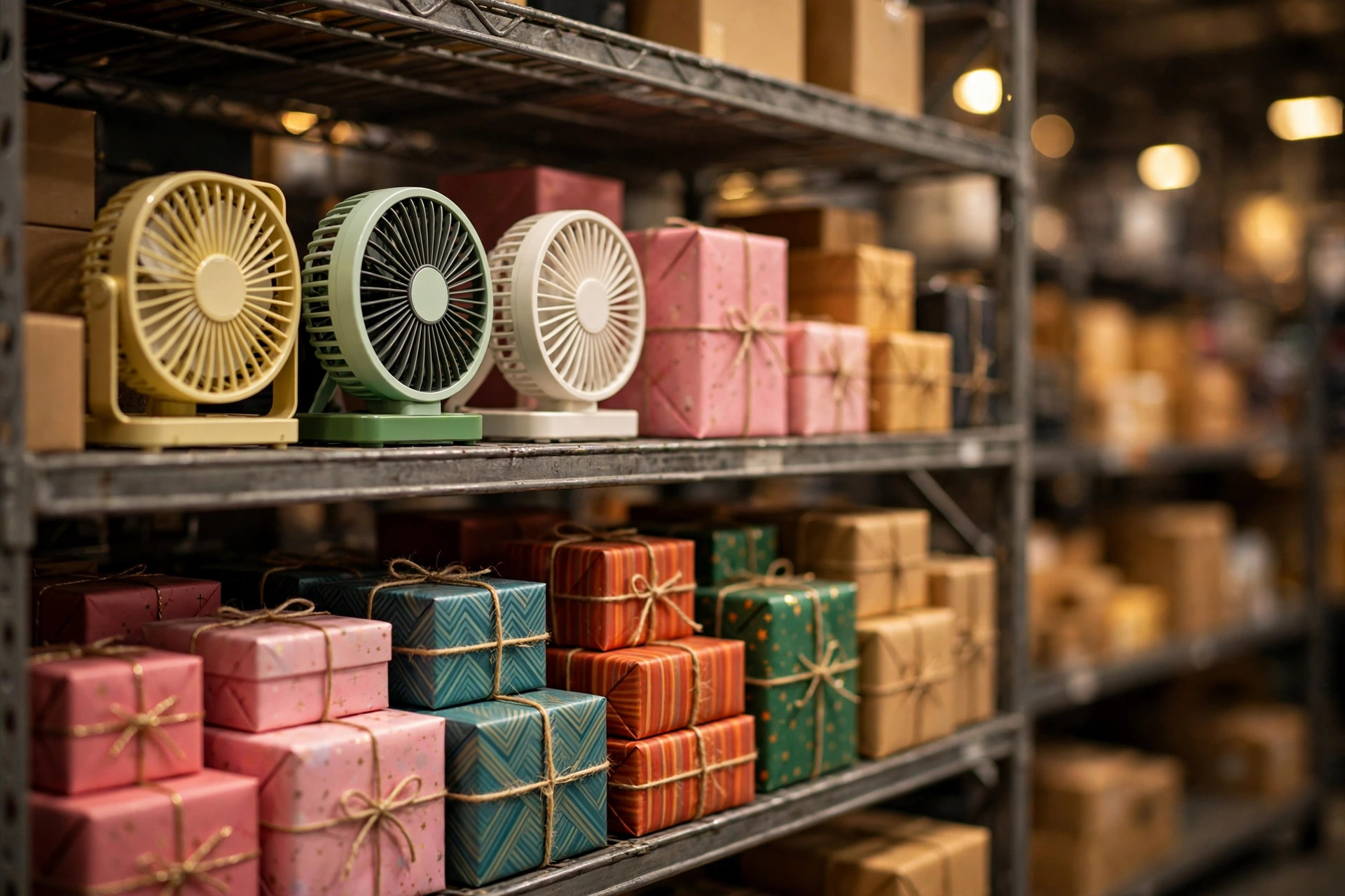 Neat seasonal merchandise shelves in a warehouse golden picking zone