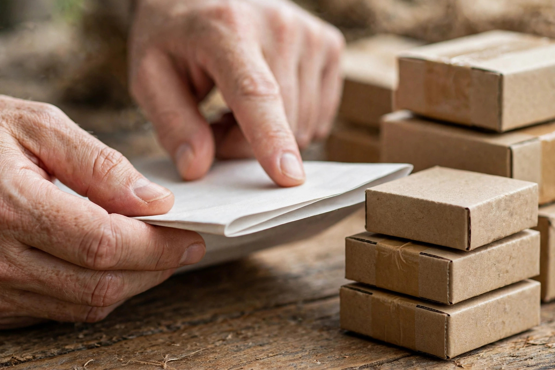 Staff reviewing import paperwork beside stacked small parcels