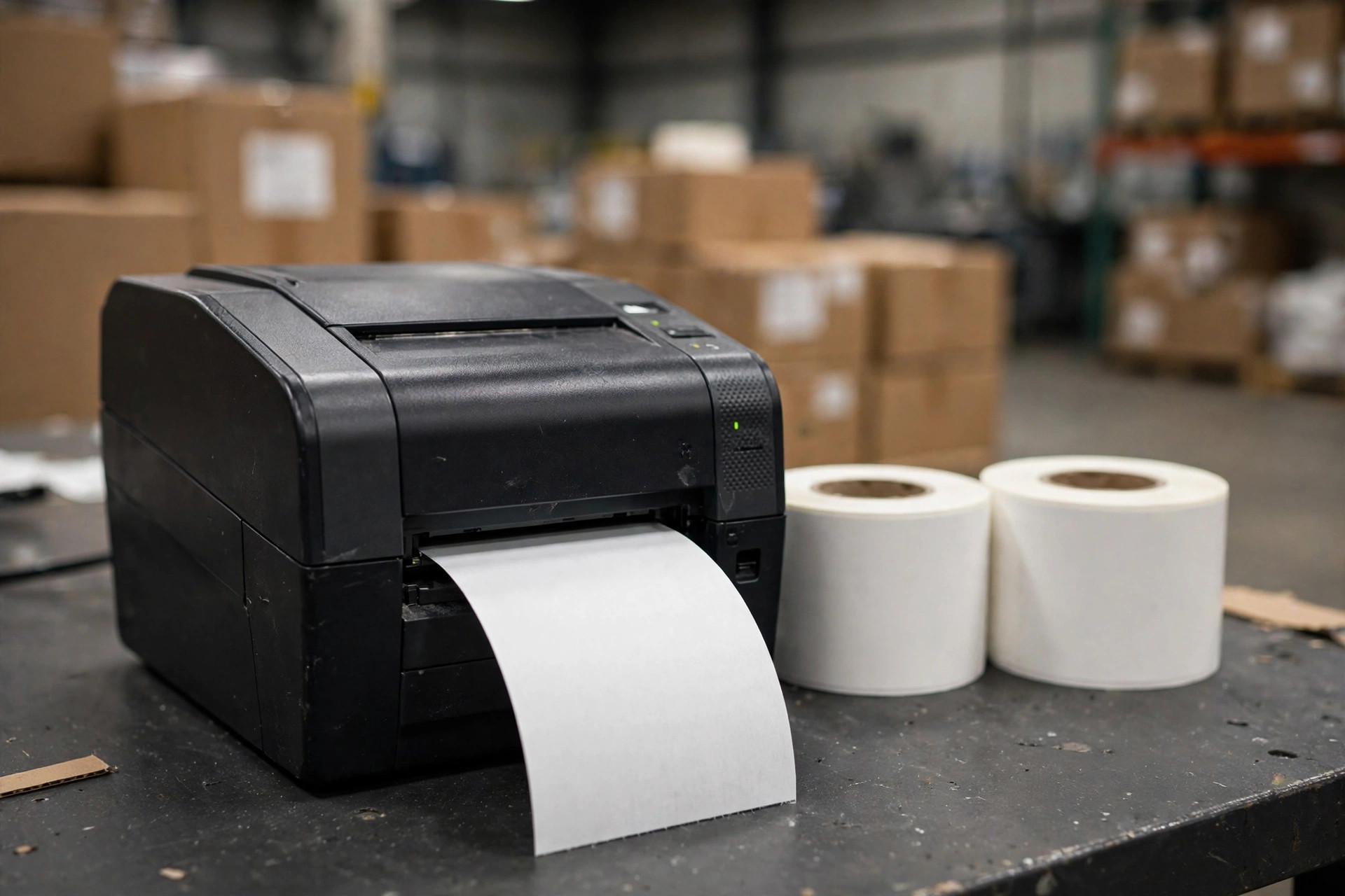 Desktop thermal label printer printing shipping labels on a warehouse packing table