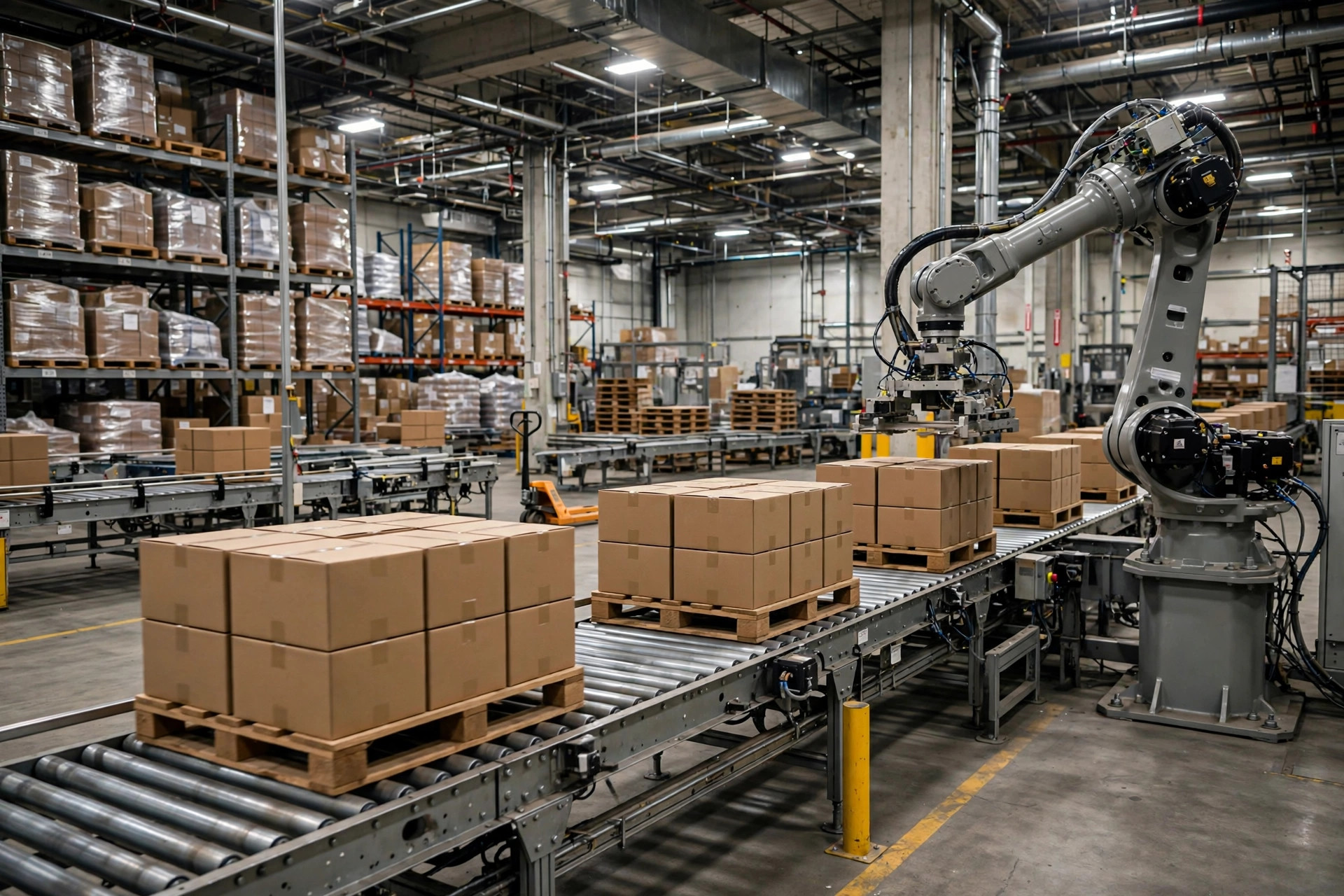 Goods-to-person robots working between racks in a 3PL warehouse