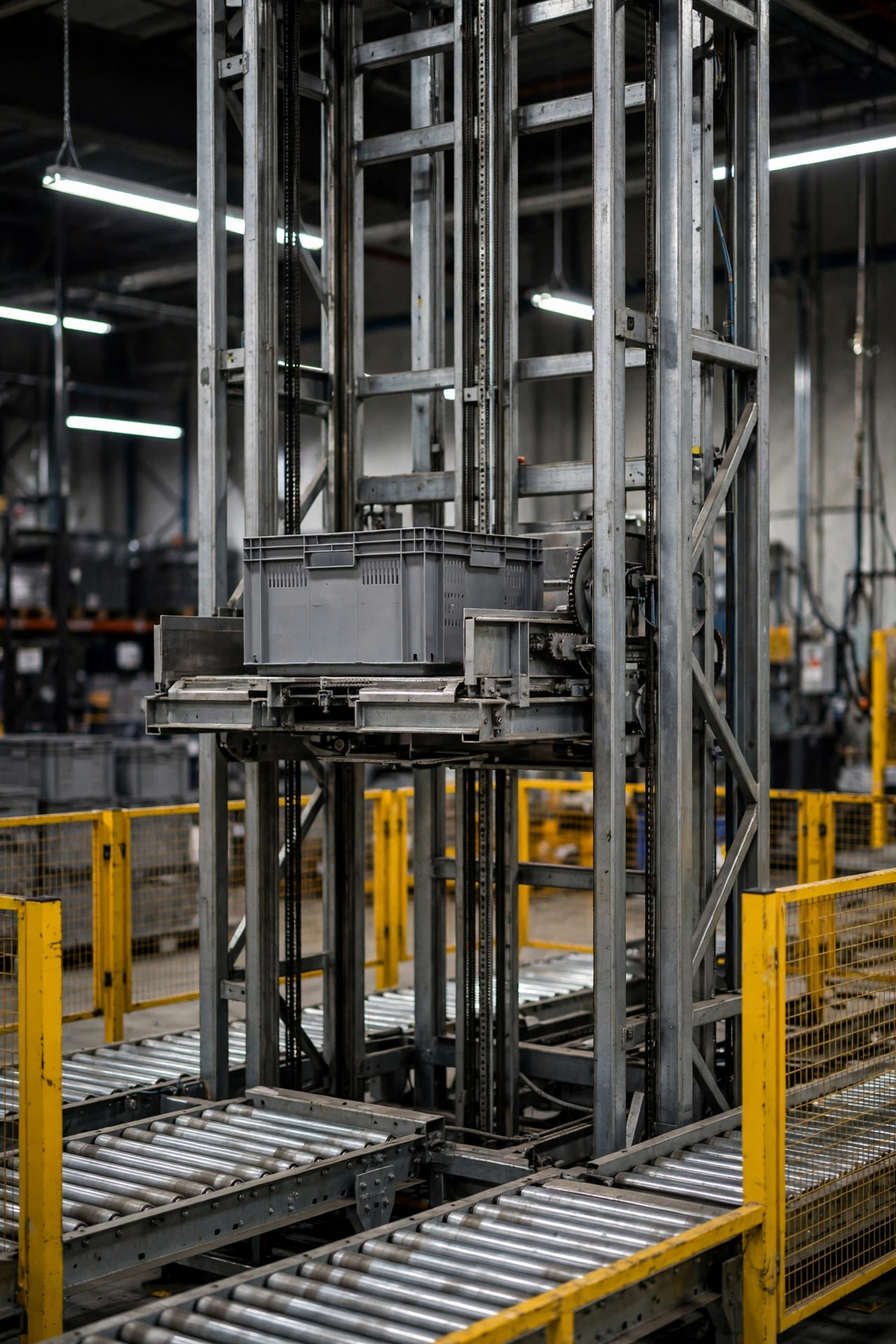Close-up of a vertical lift tower in an automated storage warehouse