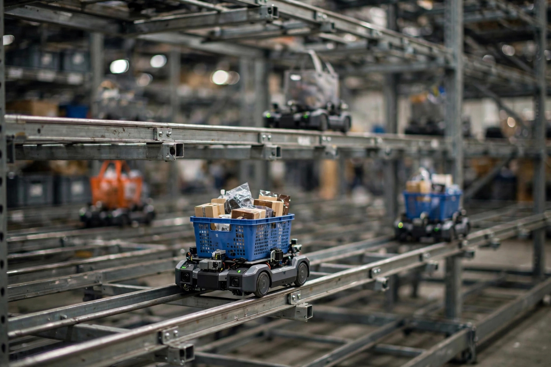 Four-way shuttle carts running on racking levels in an automated warehouse