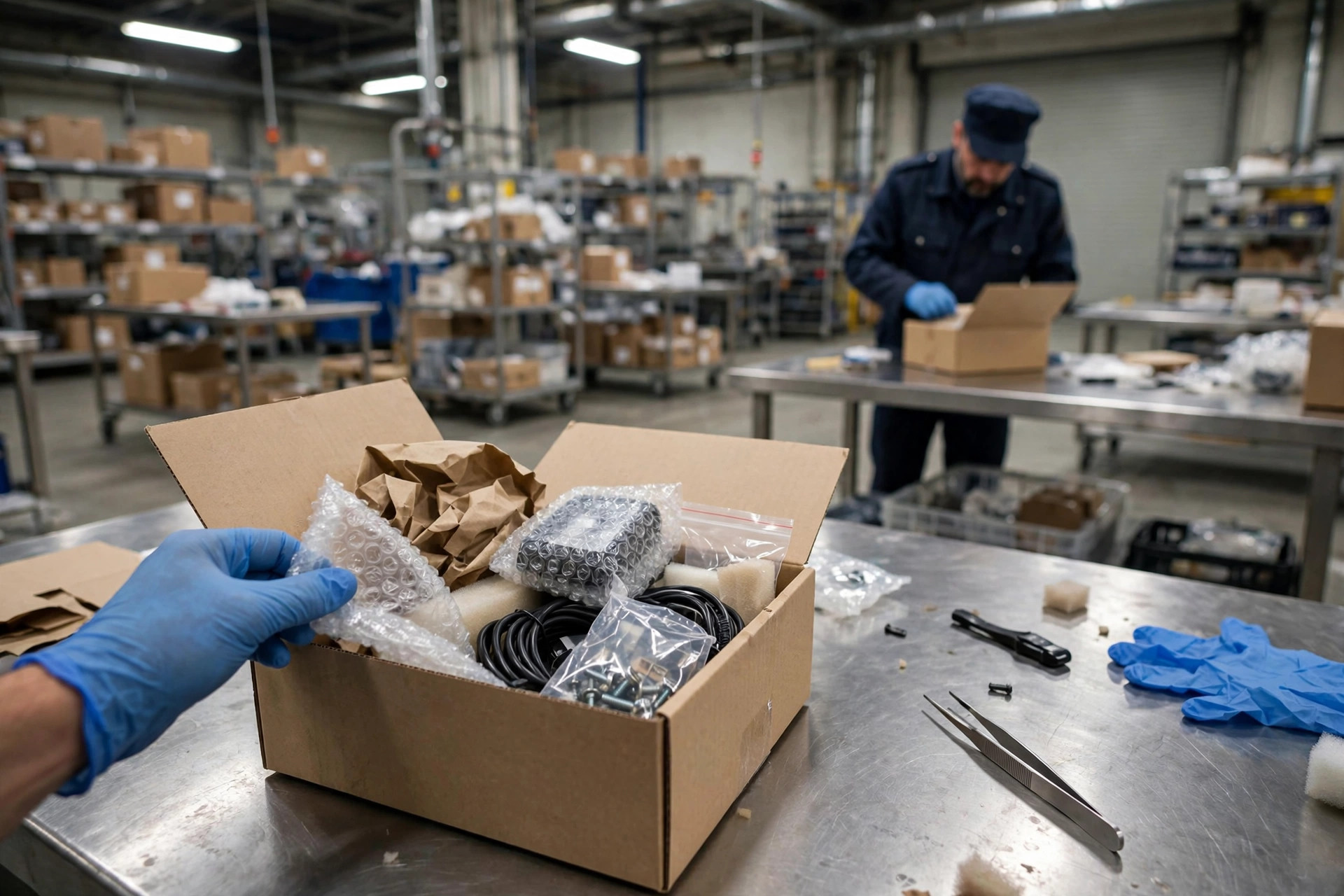 Customs inspection area with small parcels being opened for examination