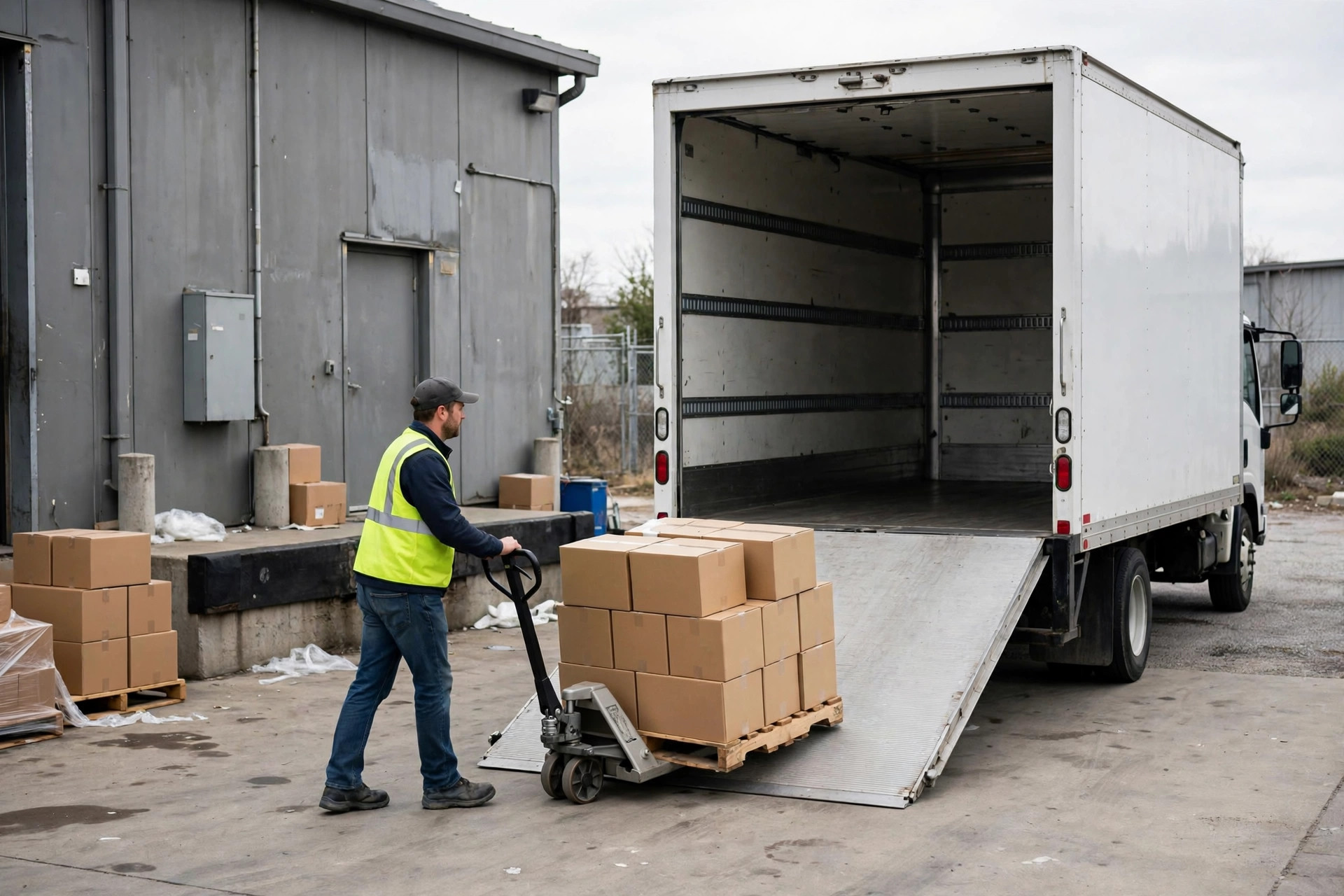 LTL box truck being loaded at a small warehouse dock