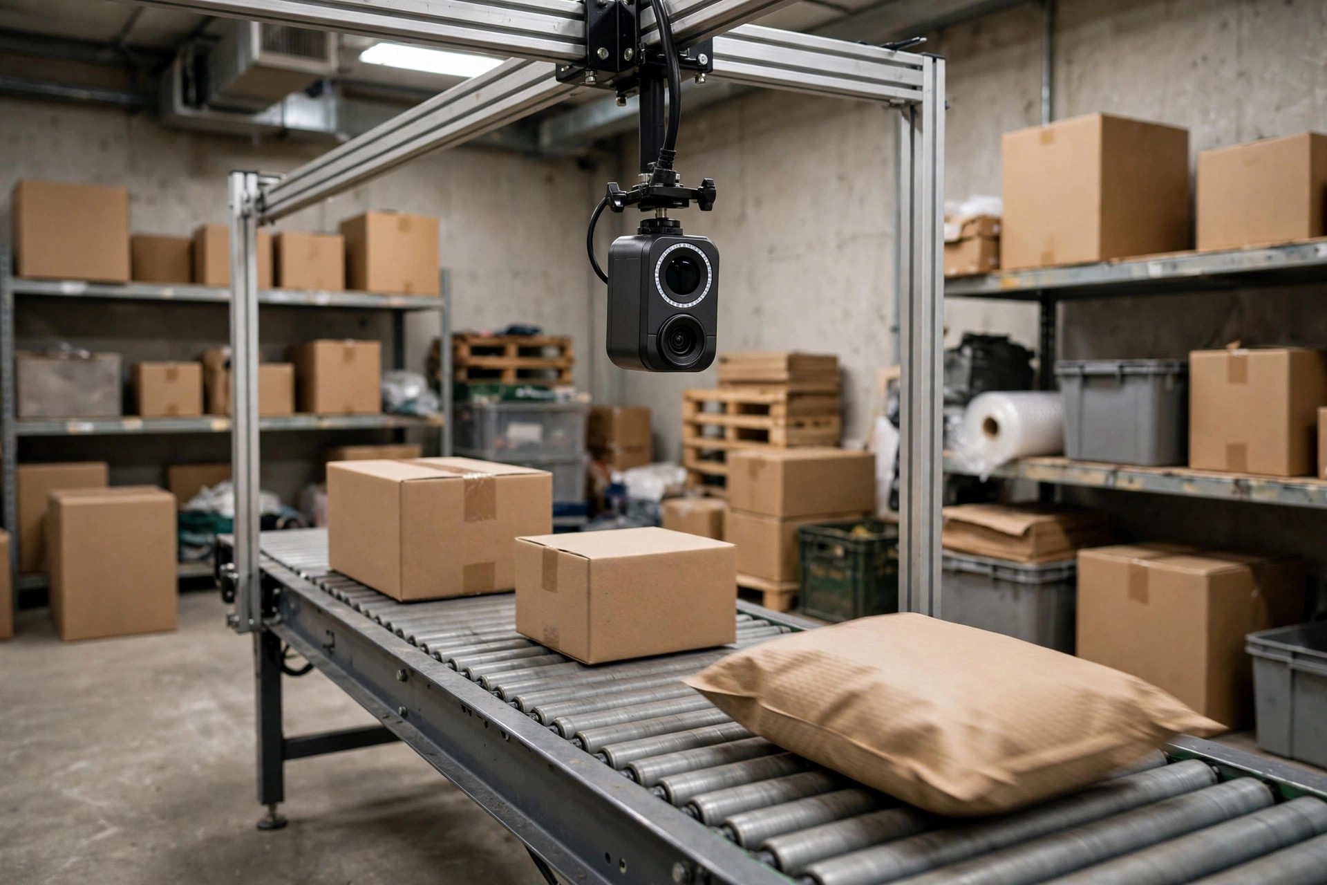 A small vision camera mounted above a short conveyor belt in a small warehouse, parcels passing underneath