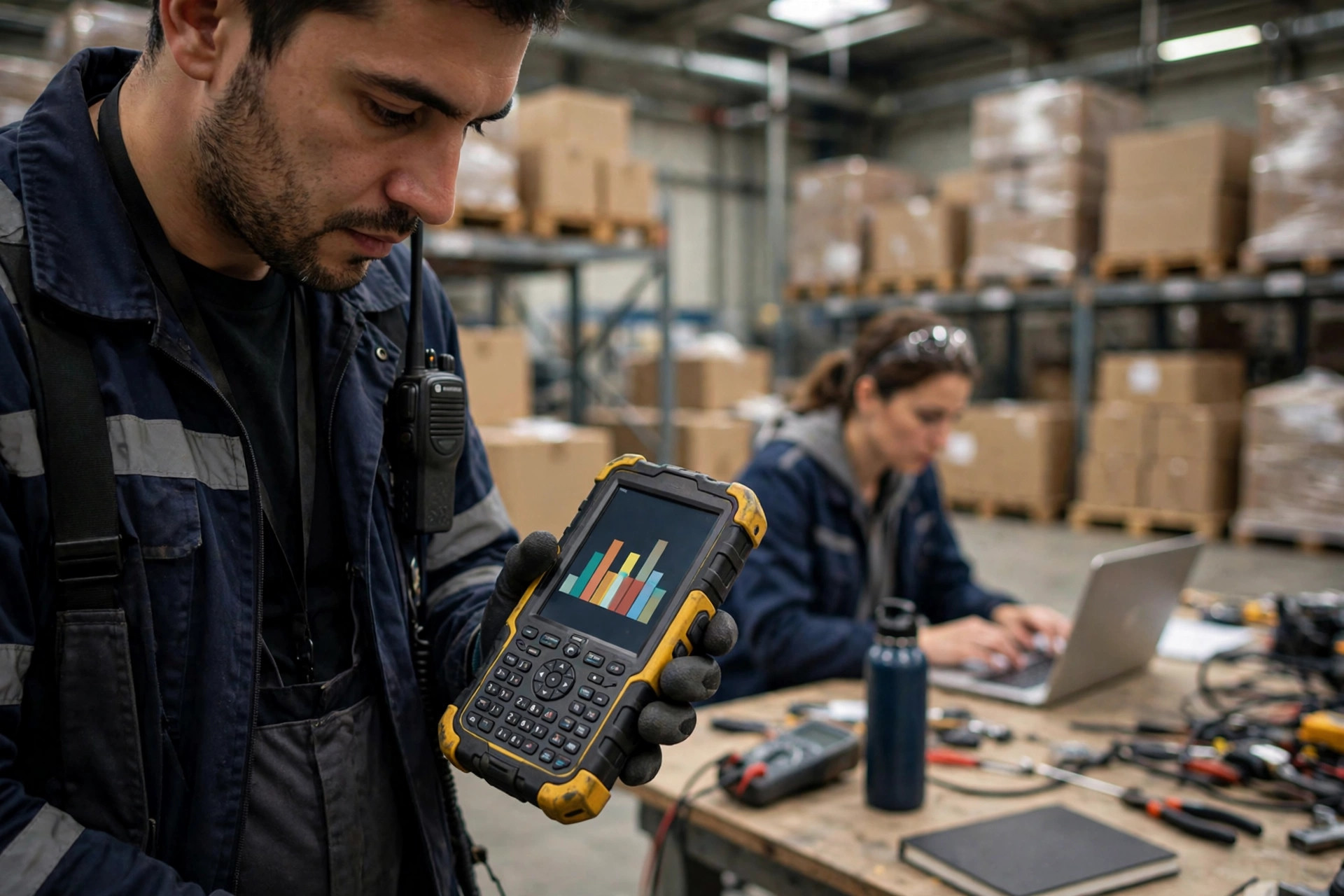 Un asociado de bodega revisando alertas de inventario en un dispositivo de mano